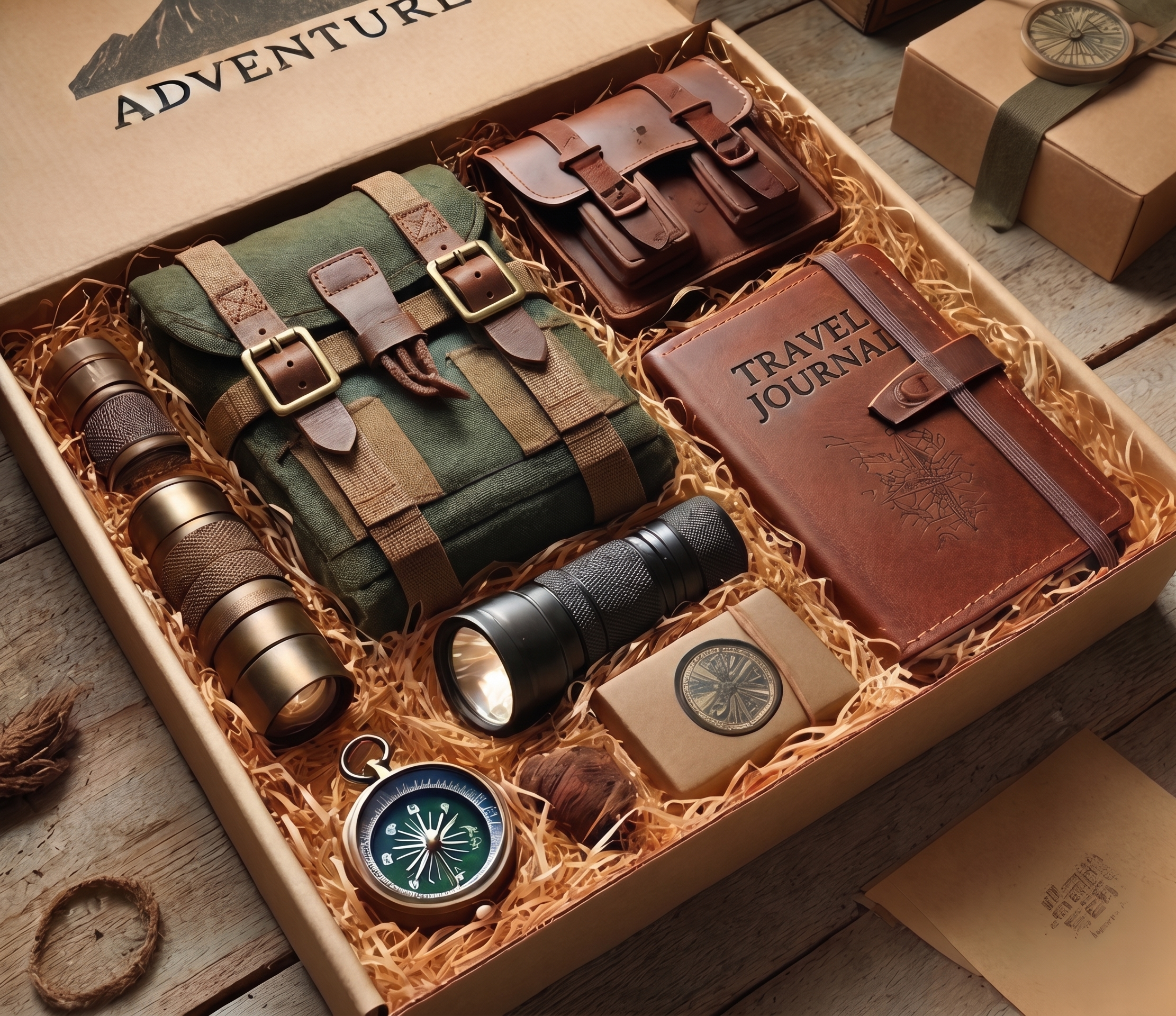 Caixa de presente com itens de aventura, incluindo lanternas, um caderno com capa de couro com o título "Travel Journal", uma mochila verde com detalhes de couro, um relógio com bússola, duas latas de comida, uma panela de camping e uma bússola, tudo organizado com papel amarelado em um recipiente de papelão.