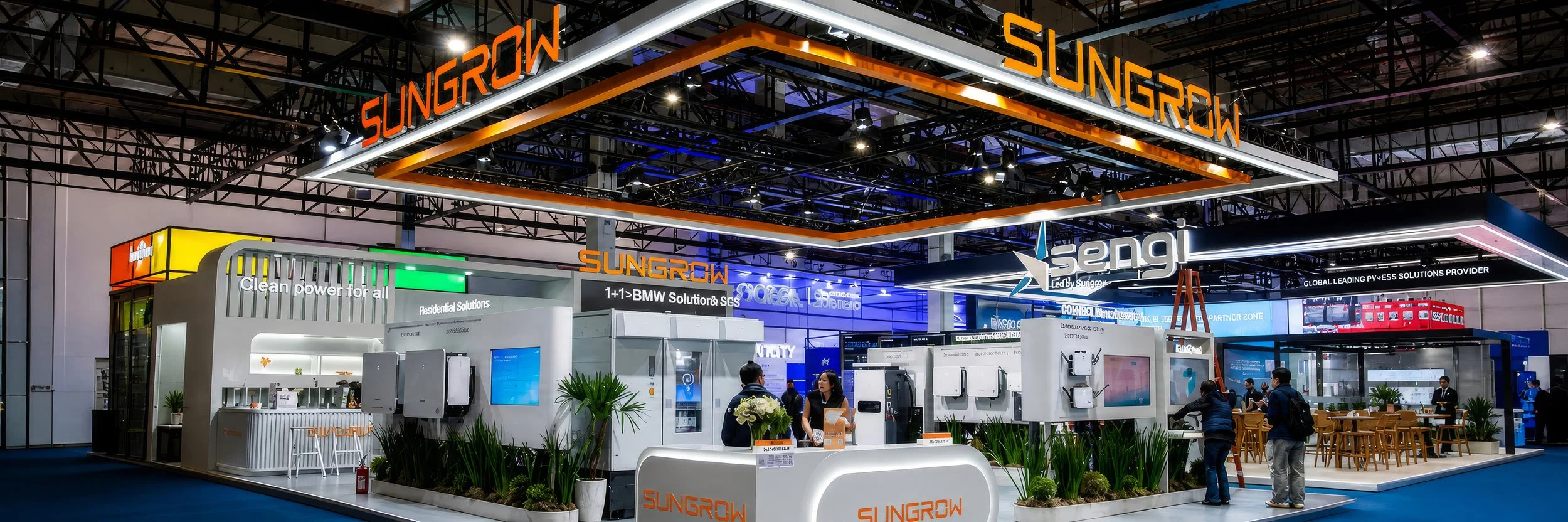 Feira de tecnologia com vários estandes de empresas de soluções solares e energia limpa, com pessoas conversando e exibindo produtos, destaque para os nomes Sungrow e Seng na estrutura do espaço.