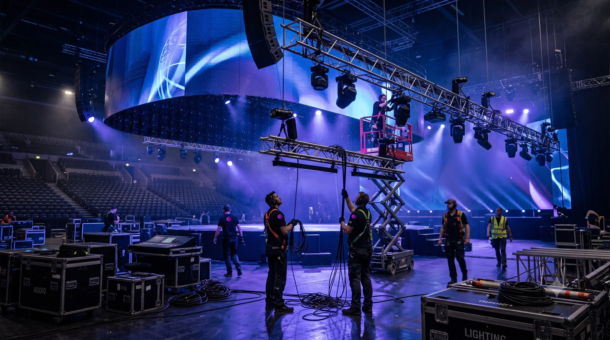 Configuração de palco de show com iluminação e equipamento técnico sendo ajustados por equipe de montagem no espaço de um estádio ou arena.