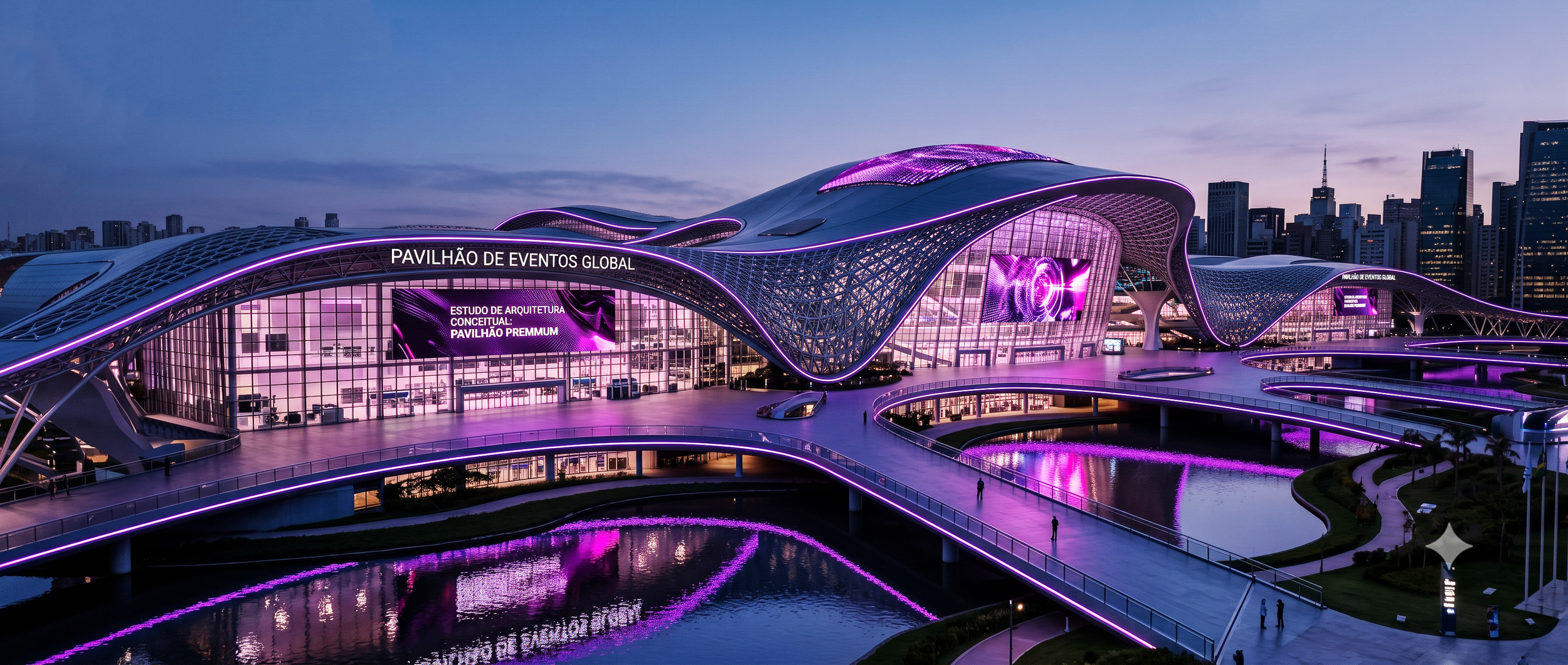 Construção futurista com iluminação roxa e detalhes em vidro refletindo uma lagoa, sob céu ao entardecer, com prédios no fundo.