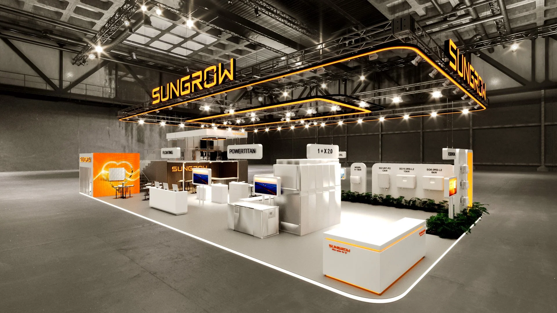 Estande de feira com destaque para a marca Sungrow, com iluminação moderna e estruturas suspensas, apresentando equipamentos e displays relacionados à energia solar.