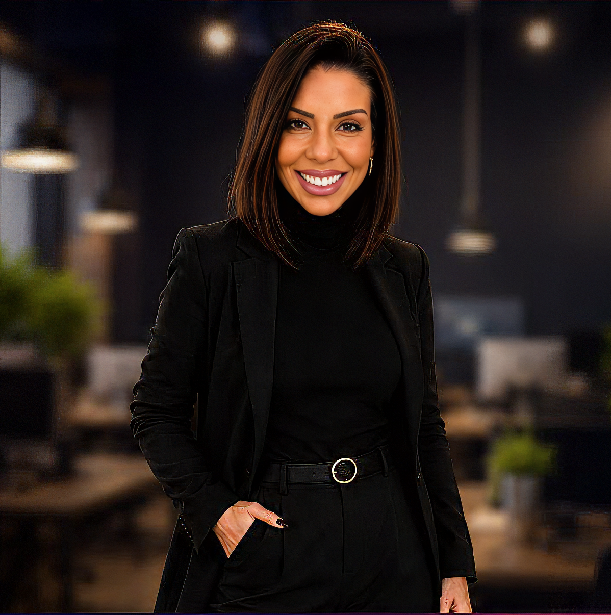 Mulher sorrindo com cabelo castanho, usando roupa preta, no ambiente interno com iluminação suave.