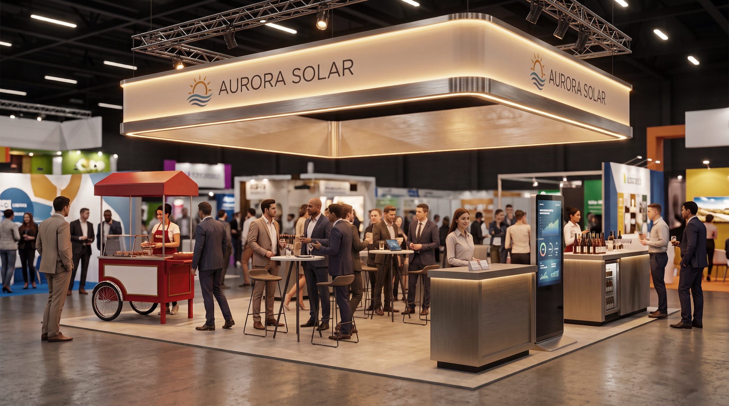 Feira de negócios com estande da Aurora Solar, várias pessoas conversando, vendendo e degustando produtos, ambiente bem iluminado com destaque para o letreiro "Aurora Solar".
