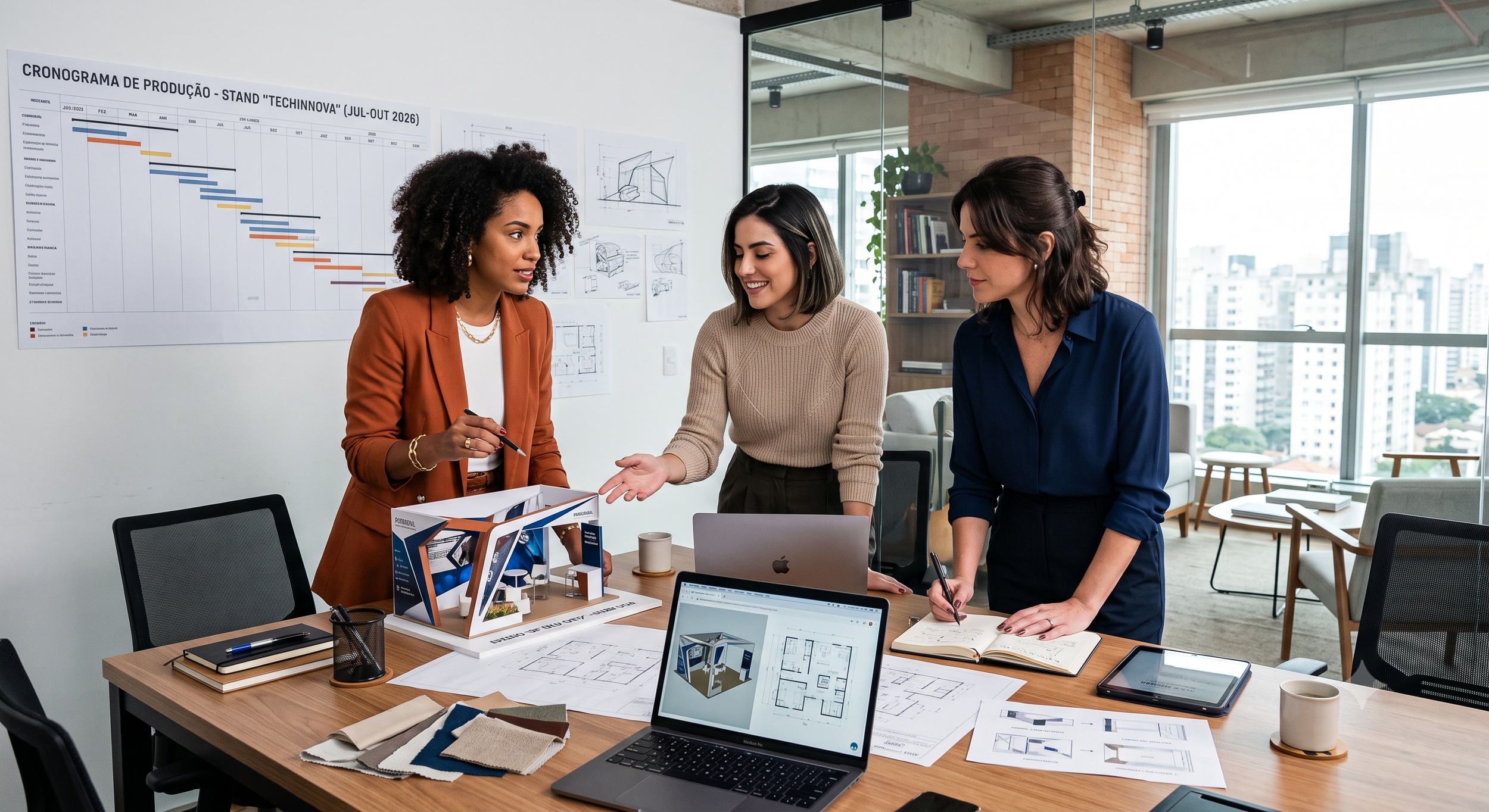 Três mulheres discutem projetos de arquitetura em uma sala de escritório com mesa de trabalho com documentos, laptops, e uma maquete de construção. Posteriormente há uma parede com cronograma de produção e desenhos técnicos.