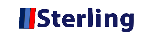 Logotipo da Sterling com letras azuis e uma marca gráfica com listras azul, vermelho e cinza