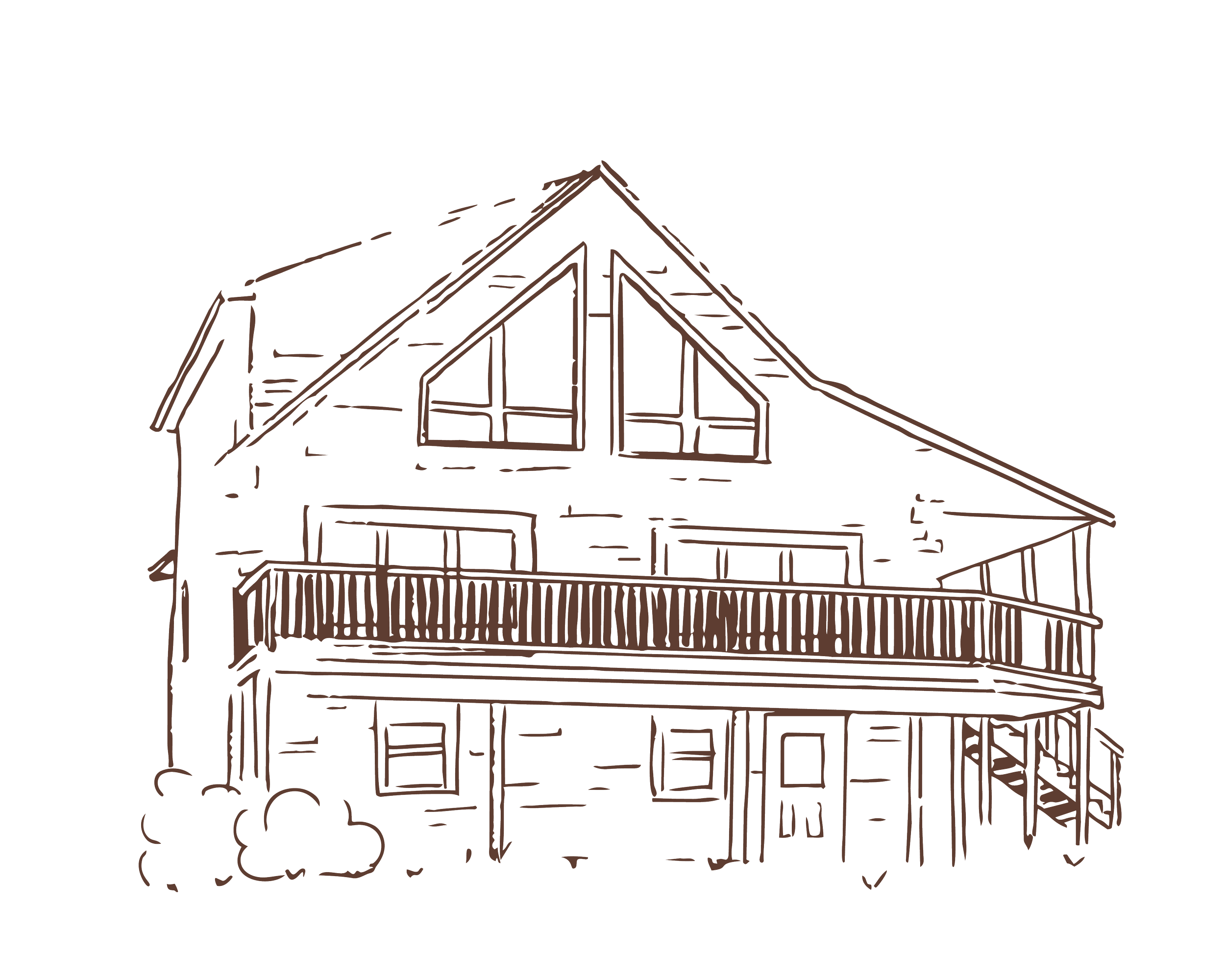 Line drawing of a two-story house with a balcony, multiple windows, and a staircase leading to the entrance, shown from a low angle.
