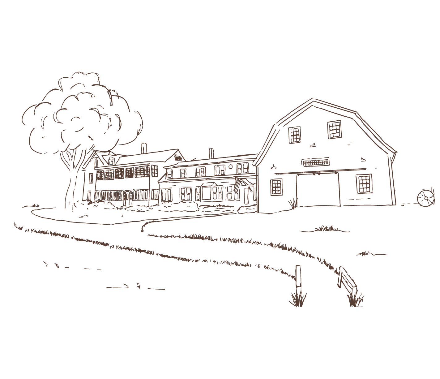 Line drawing of a large house with a porch, surrounded by trees and grassy areas, with a curved pathway in the foreground.