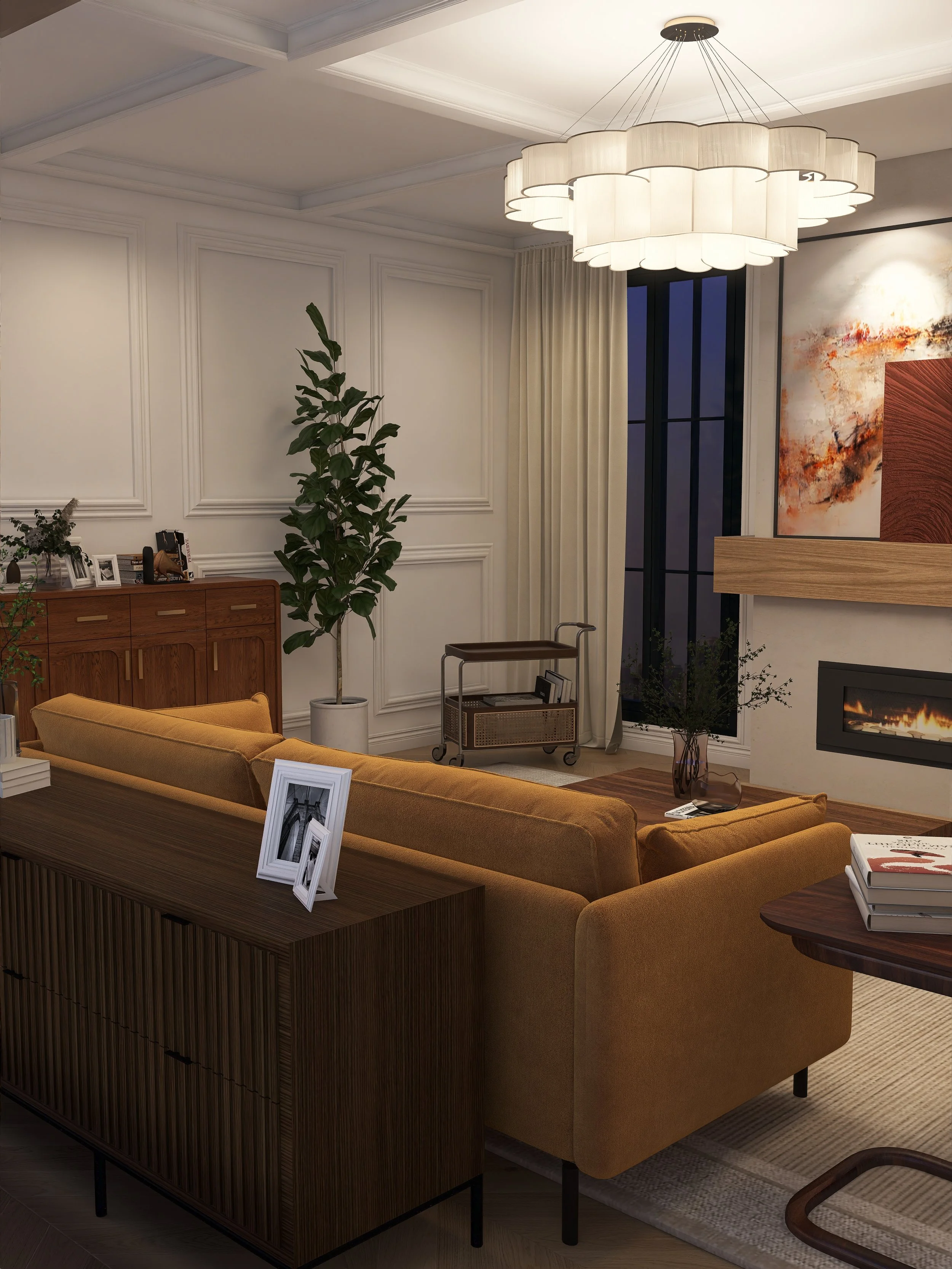 A living room with a modern chandelier, white paneled walls, a large window with cream curtains, a yellow sofa, a wooden cabinet with picture frames, a potted plant, and a fireplace.