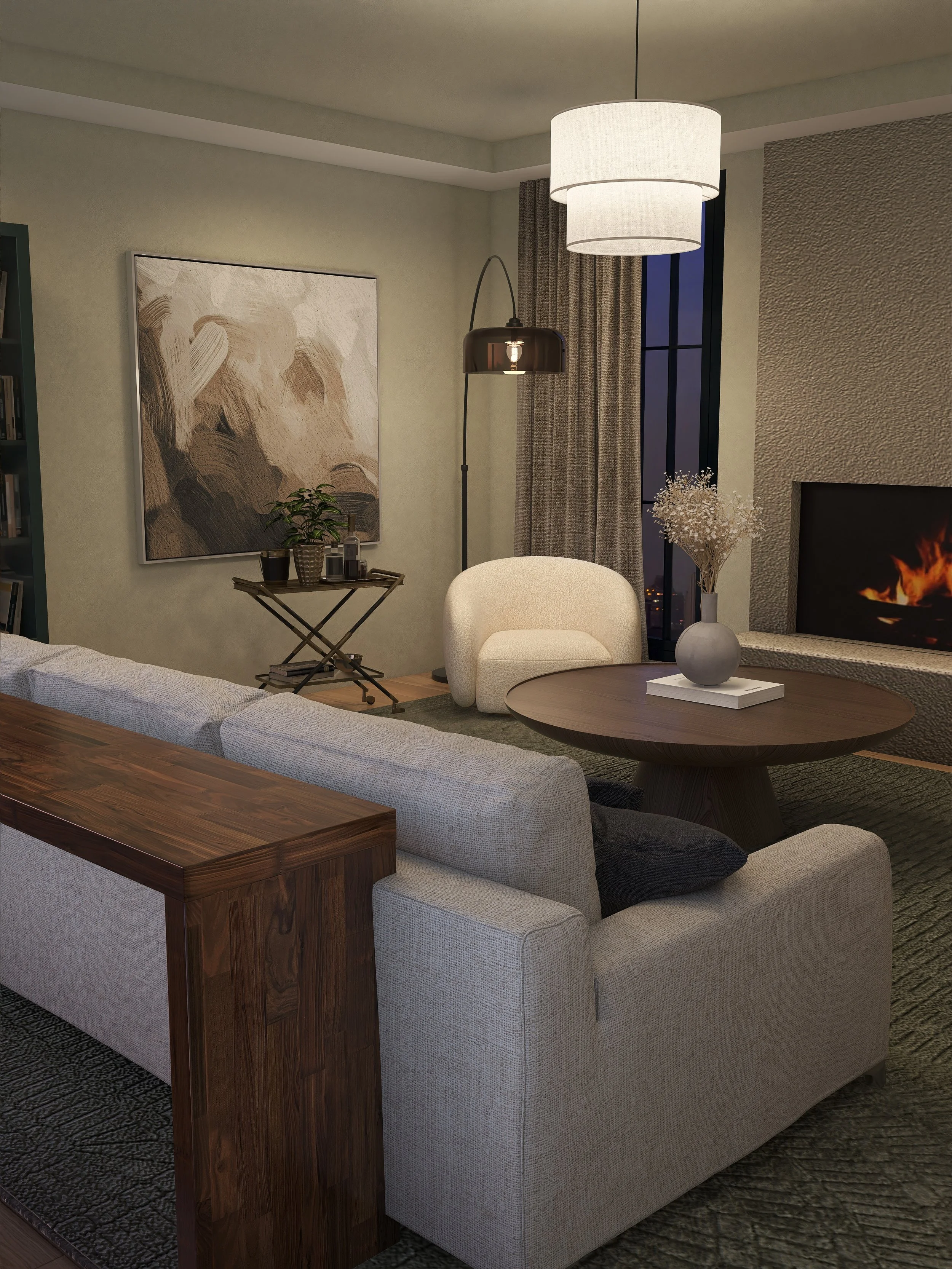 Living room with a beige sofa with a black cushion, a wooden side table, a round wooden coffee table with a gray vase of white flowers, a white armchair, a large abstract painting on the wall, a floor lamp, a ceiling light, curtain, and a large window showing a night scene.
