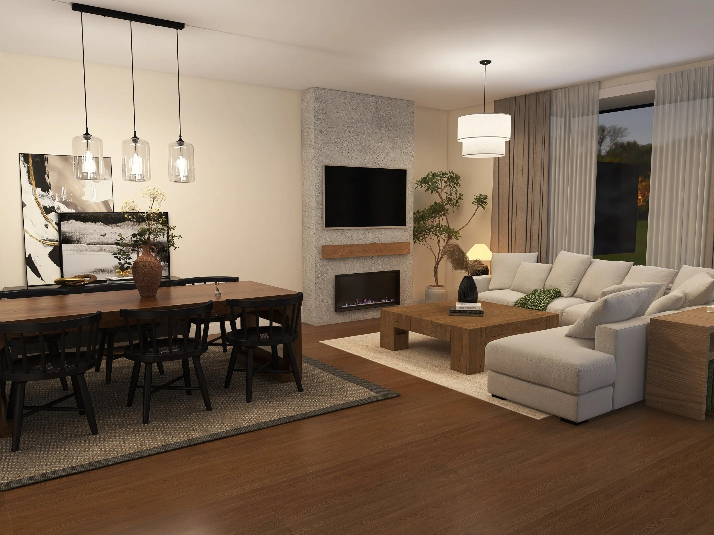Living room with a white sofa, wooden coffee table, a wall-mounted TV, a textured fireplace, tall windows with sheer curtains, a potted plant, and modern lighting fixtures.