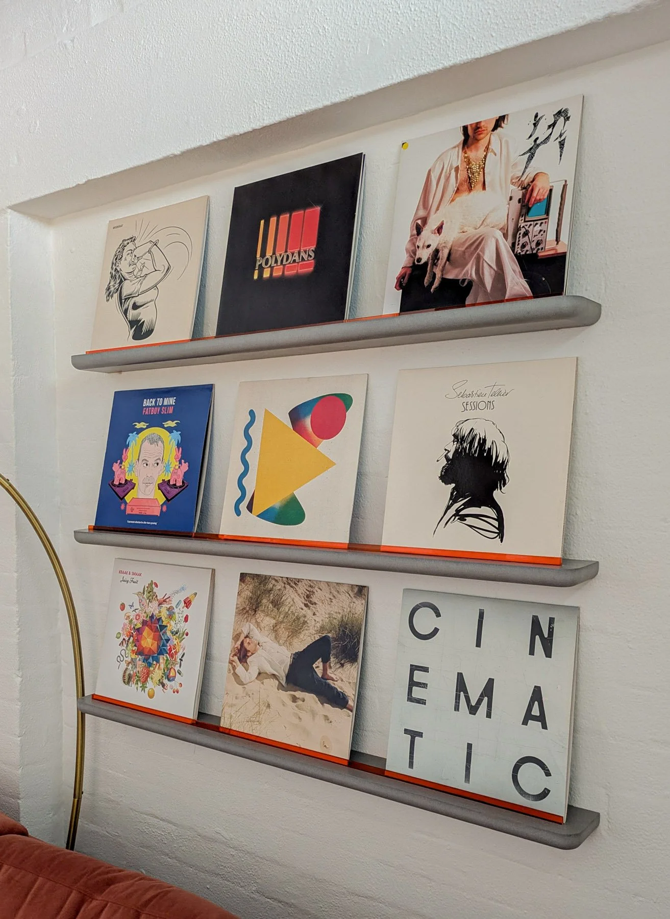 Floating Valchromat vinyl shelving with Perspex rails for an office in Old Street, EC2