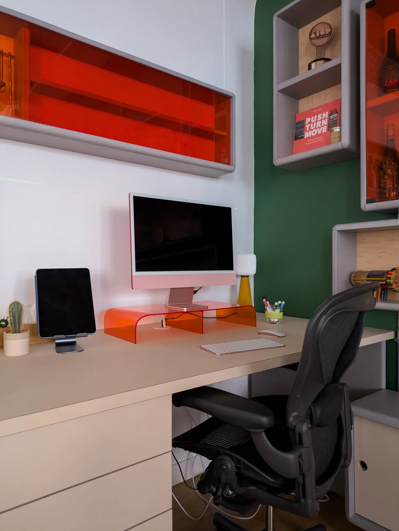 Bespoke desks, storage and screen stands for an office in Old Street, in Fenix HPL, Valchromat and Perspex