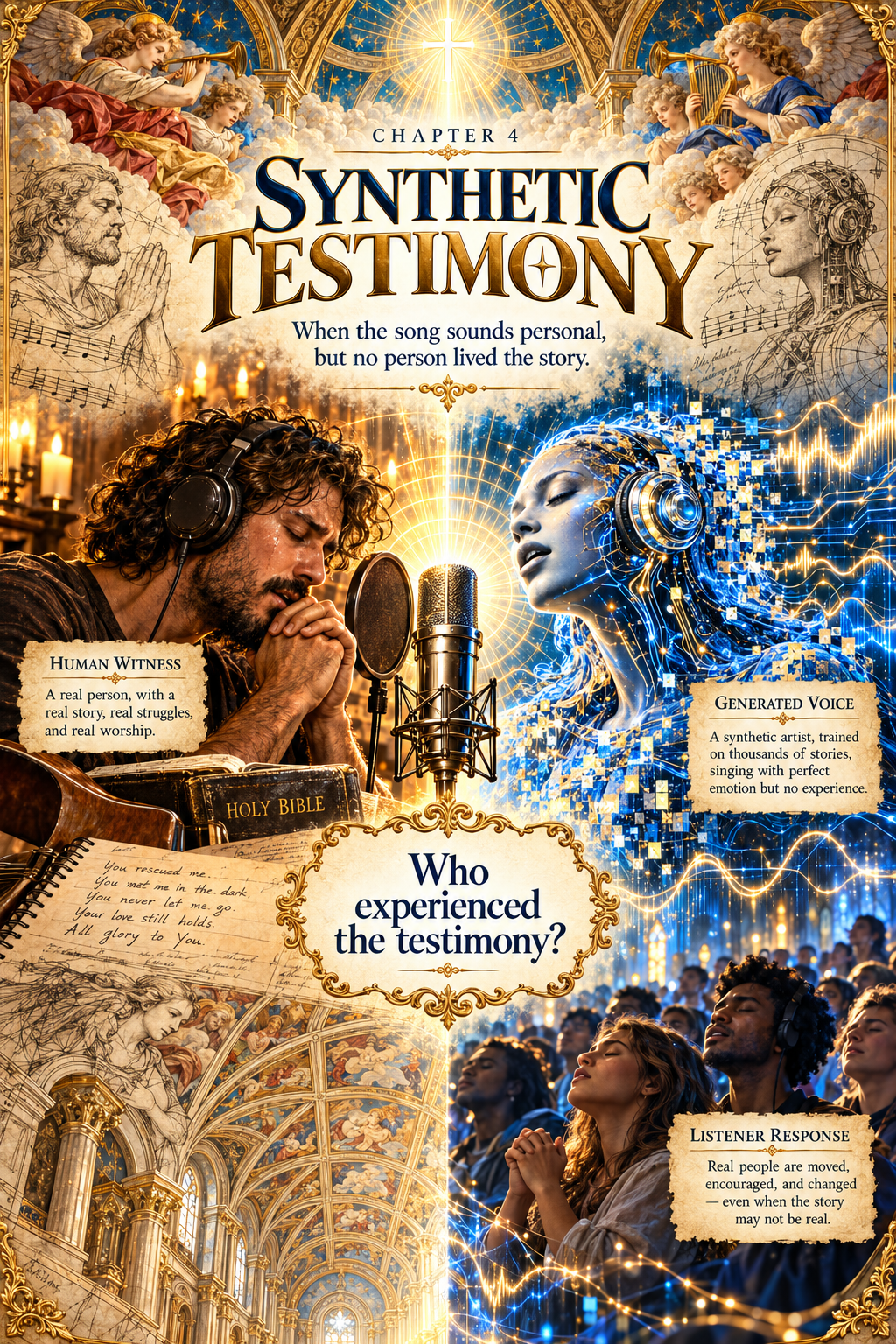 Illustration representing synthetic testimony in AI-generated Christian music