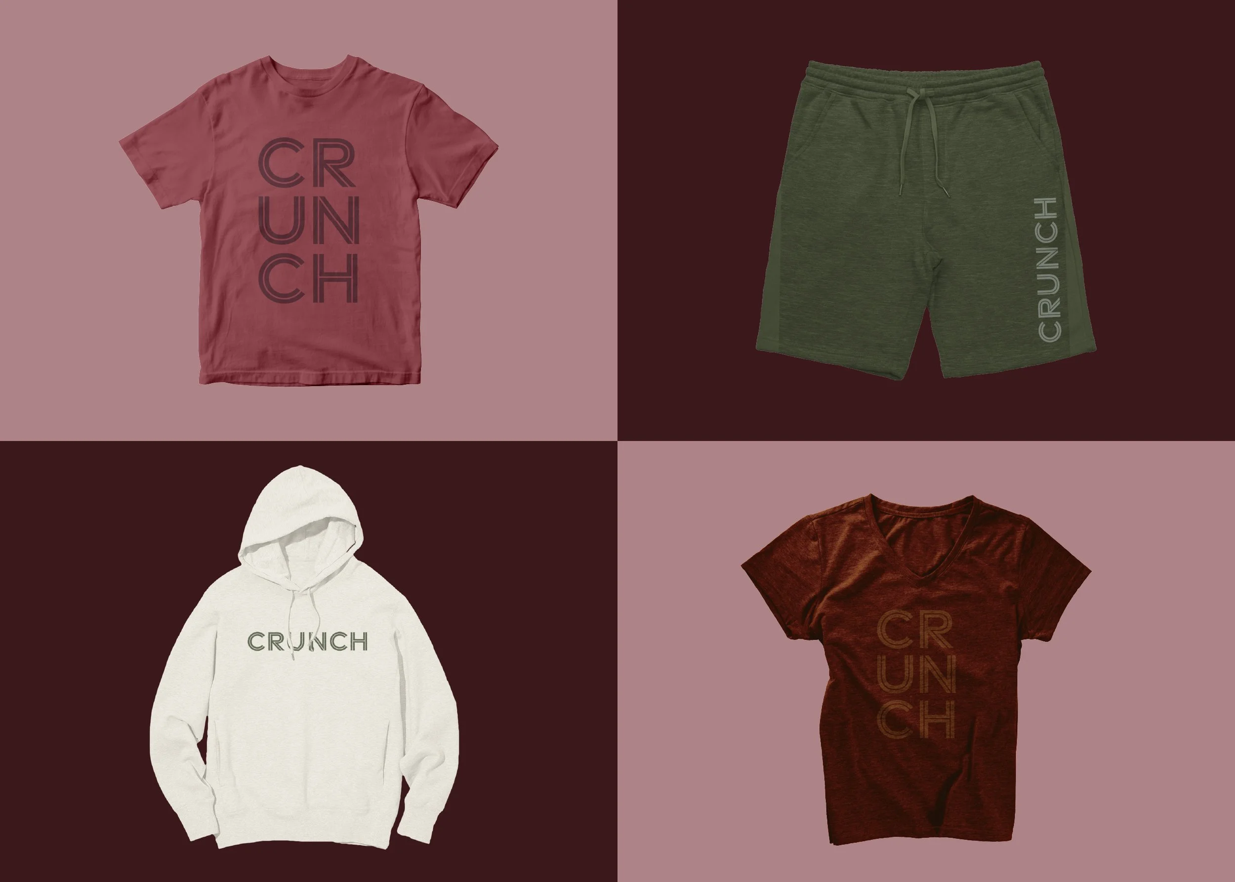 Collection of casual clothing including a pink T-shirt with 'CRUNCH' written vertically, green shorts with 'CRUNCH' along the leg, a white hoodie with 'CRUNCH' embroidered on it, and a maroon V-neck T-shirt with 'CRUNCH' printed on the front.
