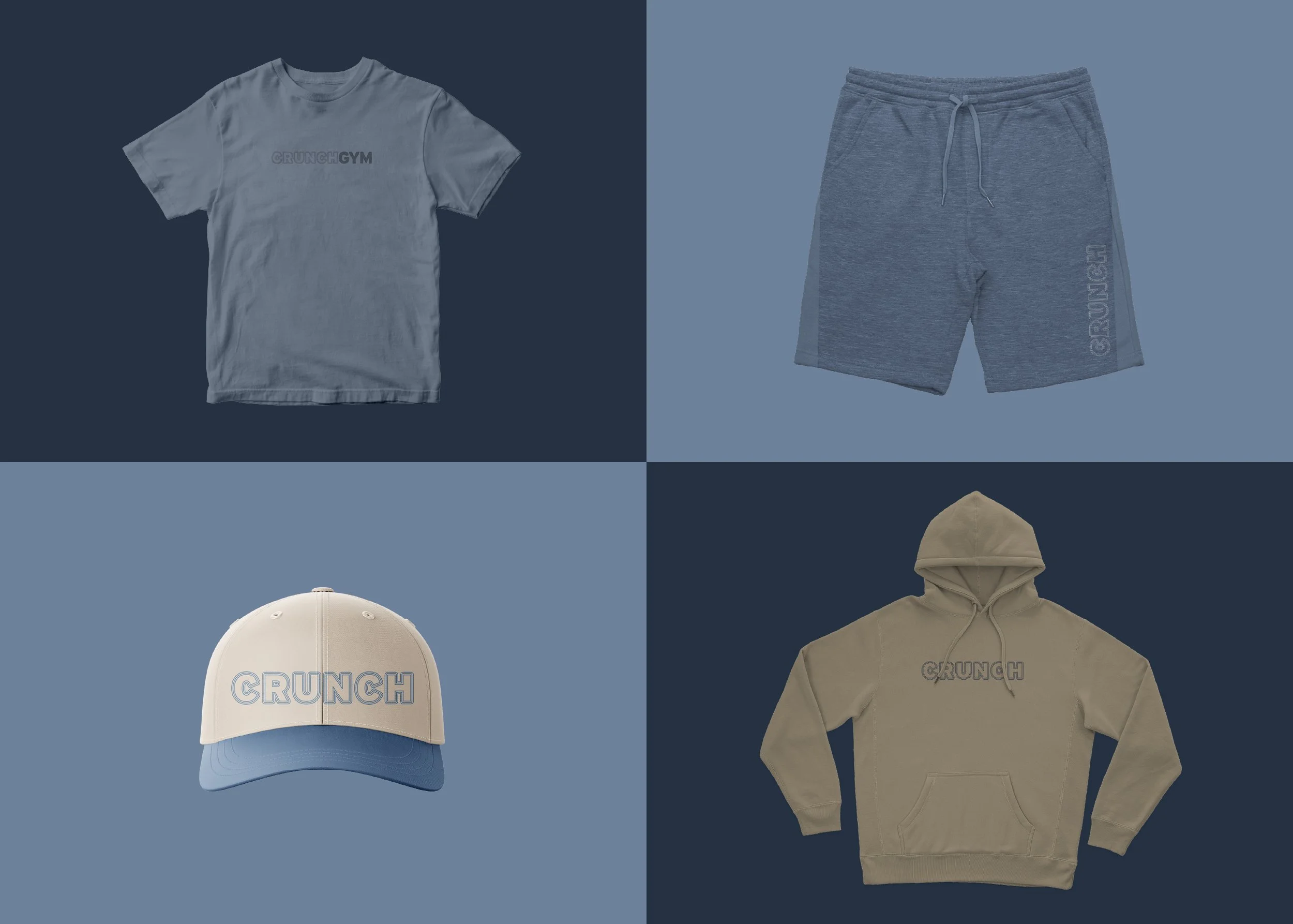 Collage of five clothing items: a gray T-shirt with 'CRUNCH GYM' logo, gray shorts with 'CRUNCH' logo, light gray cap with 'CRUNCH' logo, beige hoodie, and beige baseball cap.