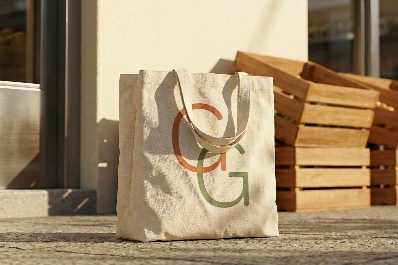 A beige reusable tote bag with the letters G and C printed in orange and green, placed on a concrete surface outside, with wooden crates in the background.