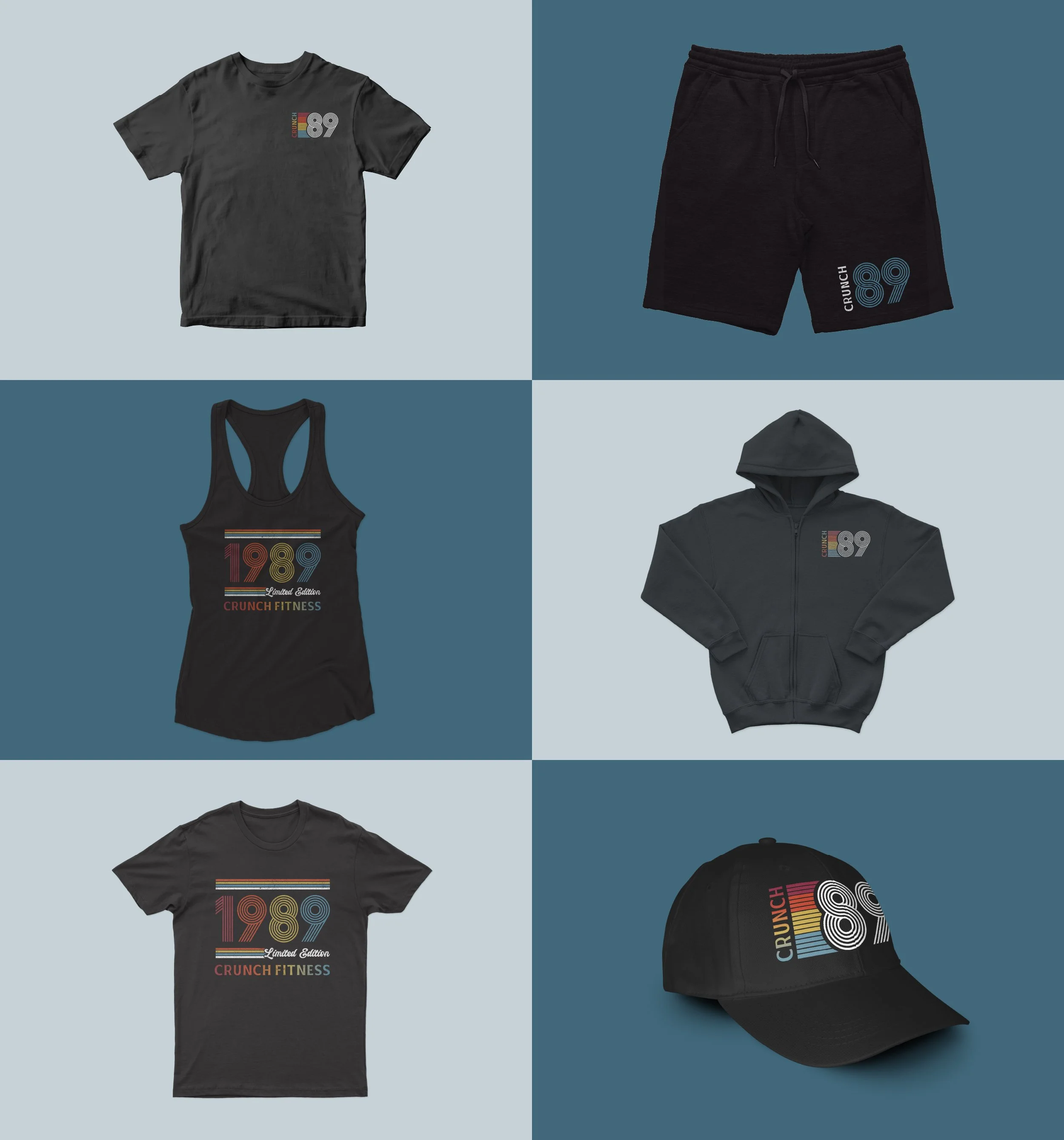 Collection of black athletic apparel including a t-shirt, tank top, hoodie, shorts, and cap, all featuring the year 1989 and the brand CrunCh 89 logo in colorful lines.