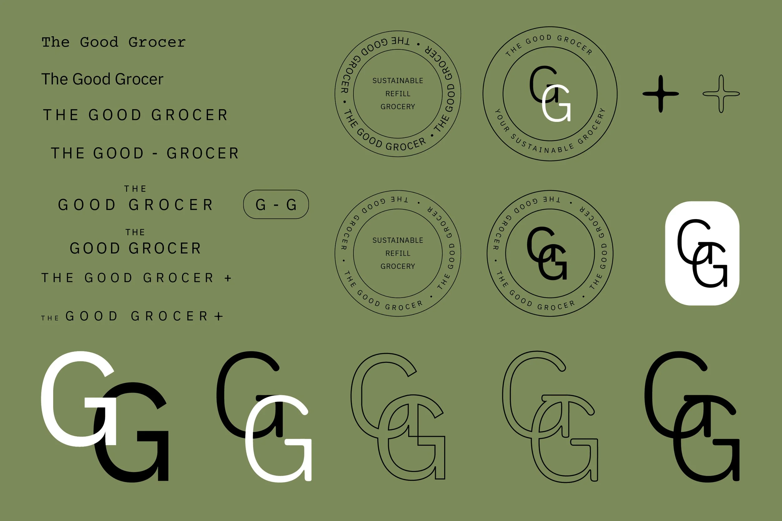 Design elements with 'The Good Grocer' in various font styles and sizes, circular logos with 'Sustainable Refill Grocery' and 'The Good Grocer' text, plus a black and white 'G' logo on a green background.