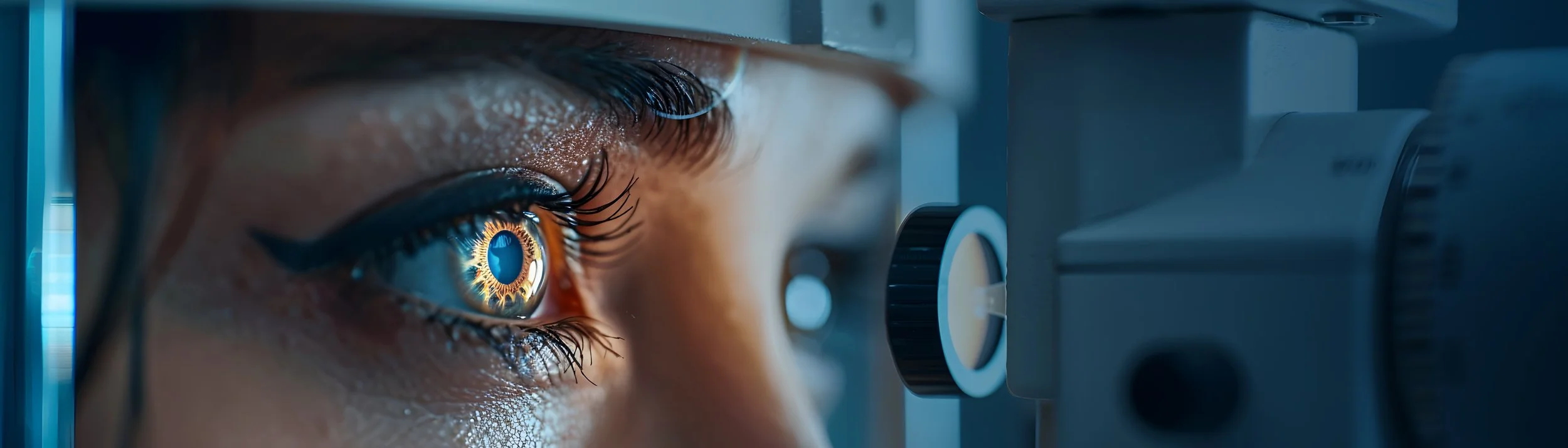 Primer plano del ojo de una persona mirando a través de un microscopio, con detalles visibles en la iris y las pestañas.