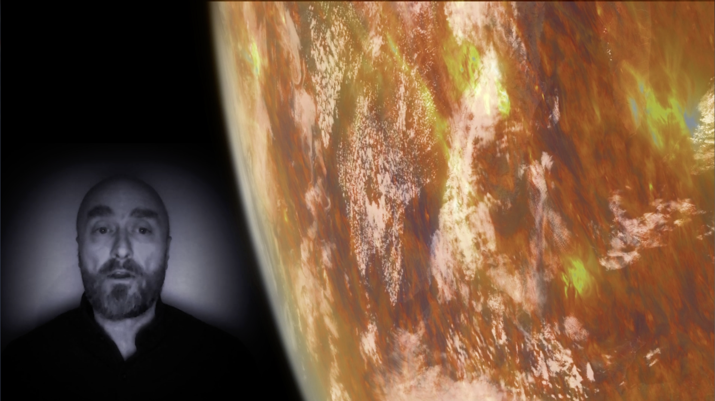 A black and white portrait of a man with a beard and bald head is in the left foreground. Behind him is a view of the Earth from space, showing a fiery, cloud-filled atmosphere with shades of orange, yellow, and white.