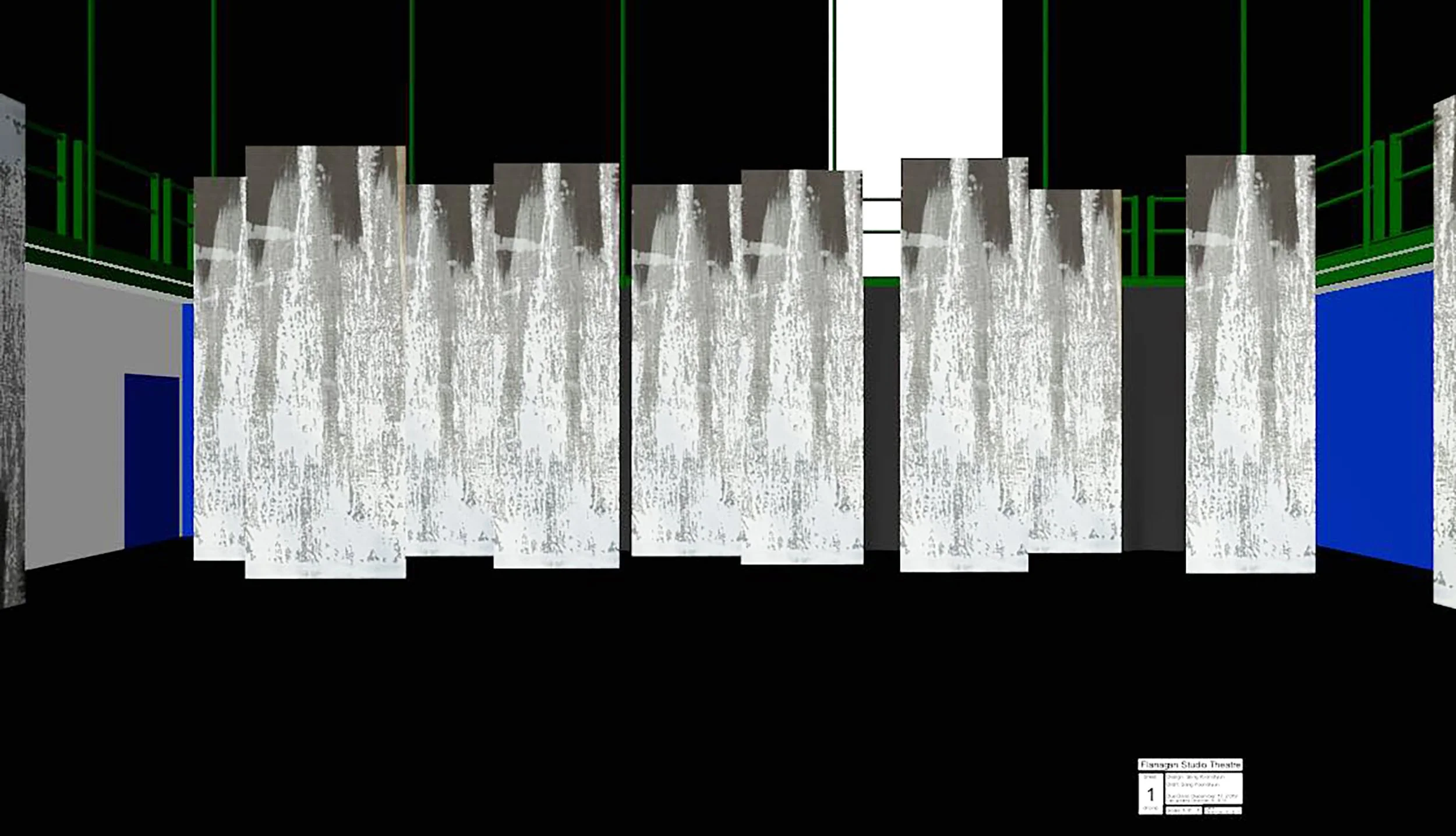 Multiple photographs of a theater stage set with vertical panels and green railings, displaying a black background and blue side walls.