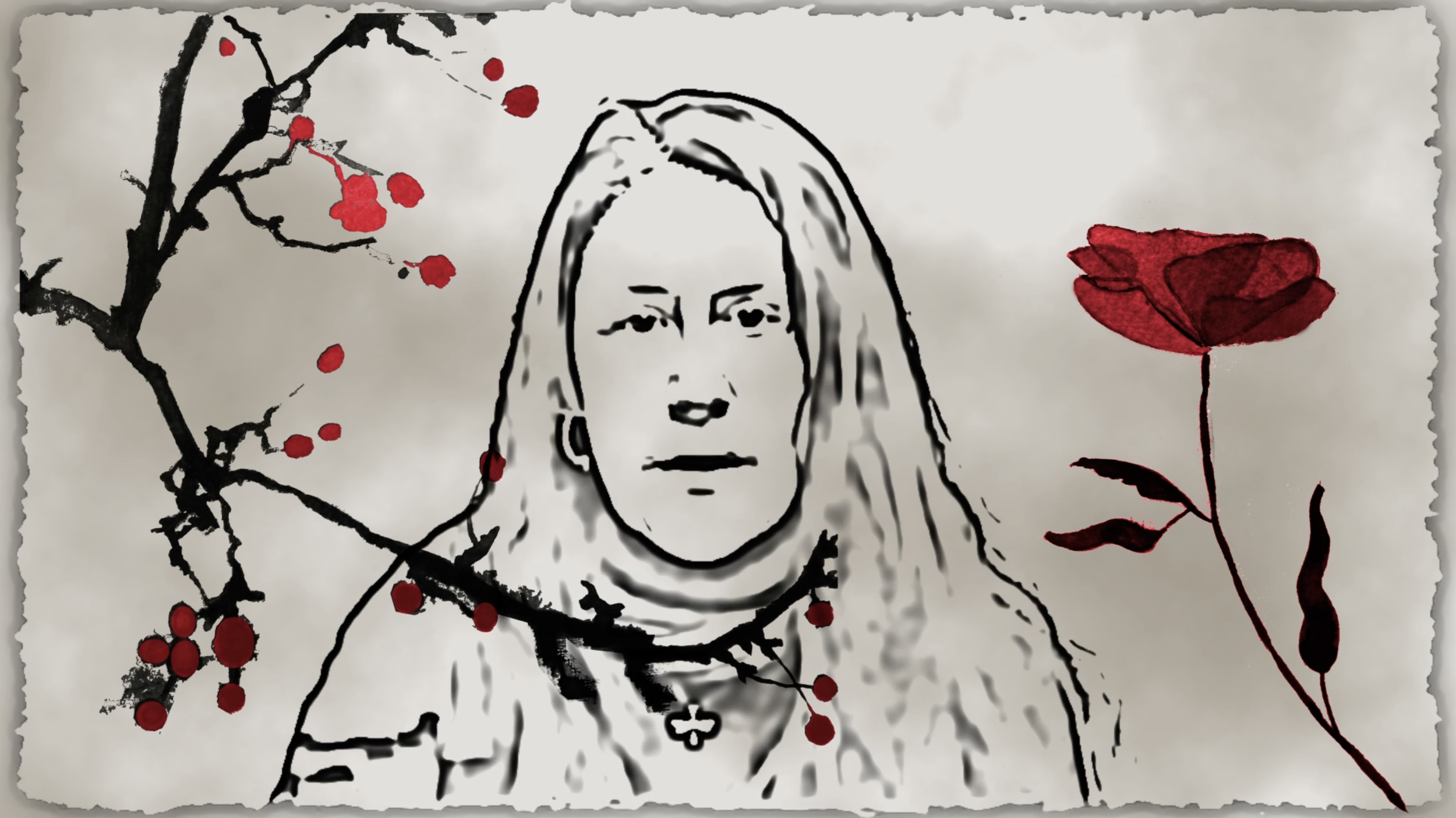 A stylized sketch of a woman with long hair, surrounded by branches with red berries and a single red flower, against a light background.