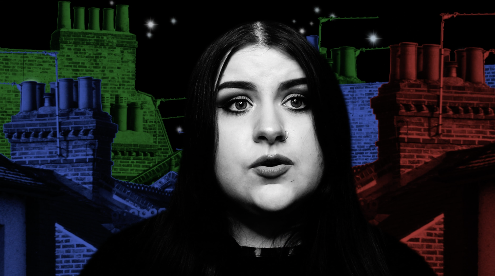 Black and white portrait of a woman with dark hair and a nose ring, set against a colorful background of illustrated rooftops and chimneys, illuminated with stars.