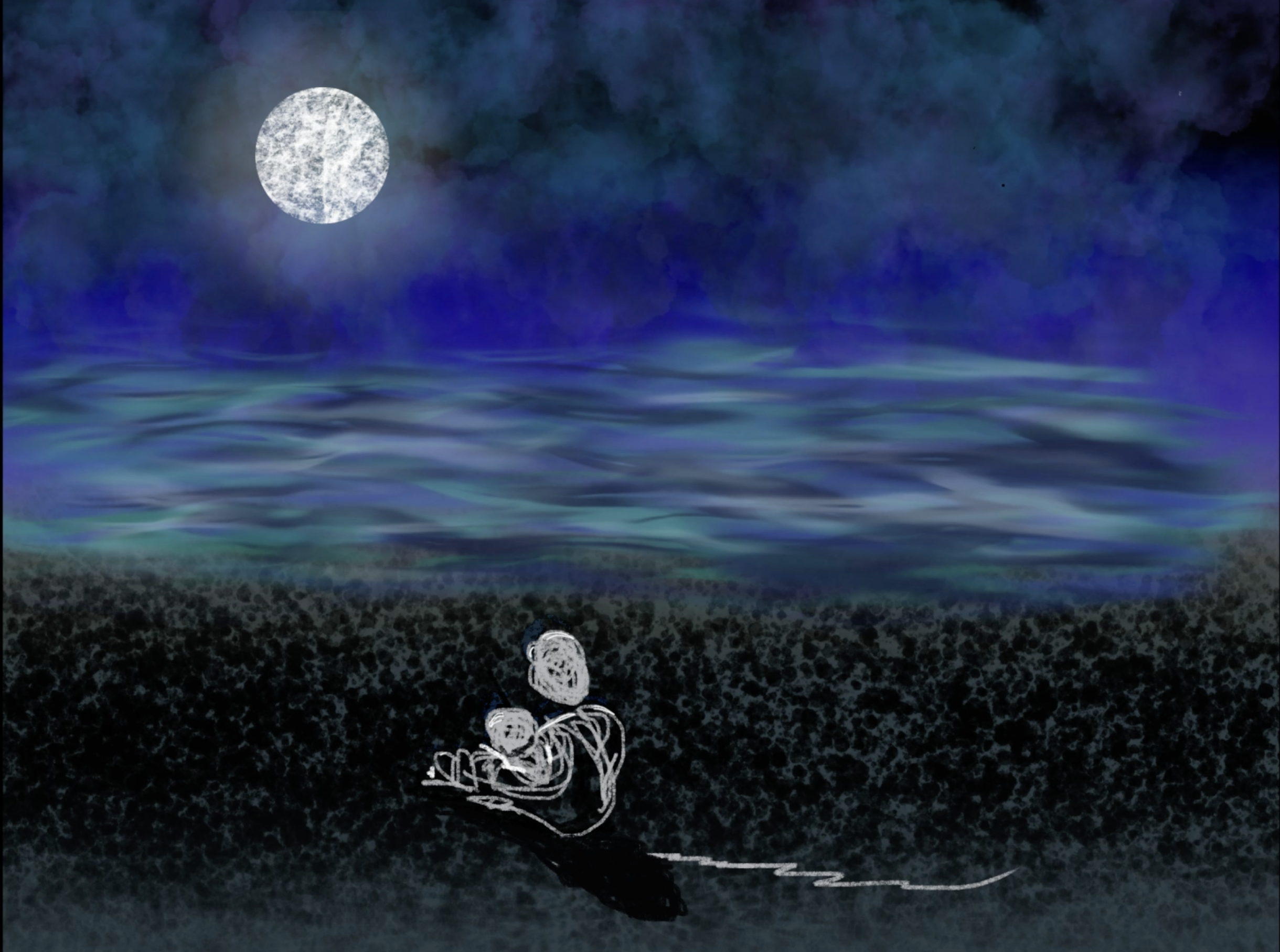 A skeleton lying on the dark ground beneath a full moon over a body of water, with clouds in the sky and a distant horizon.