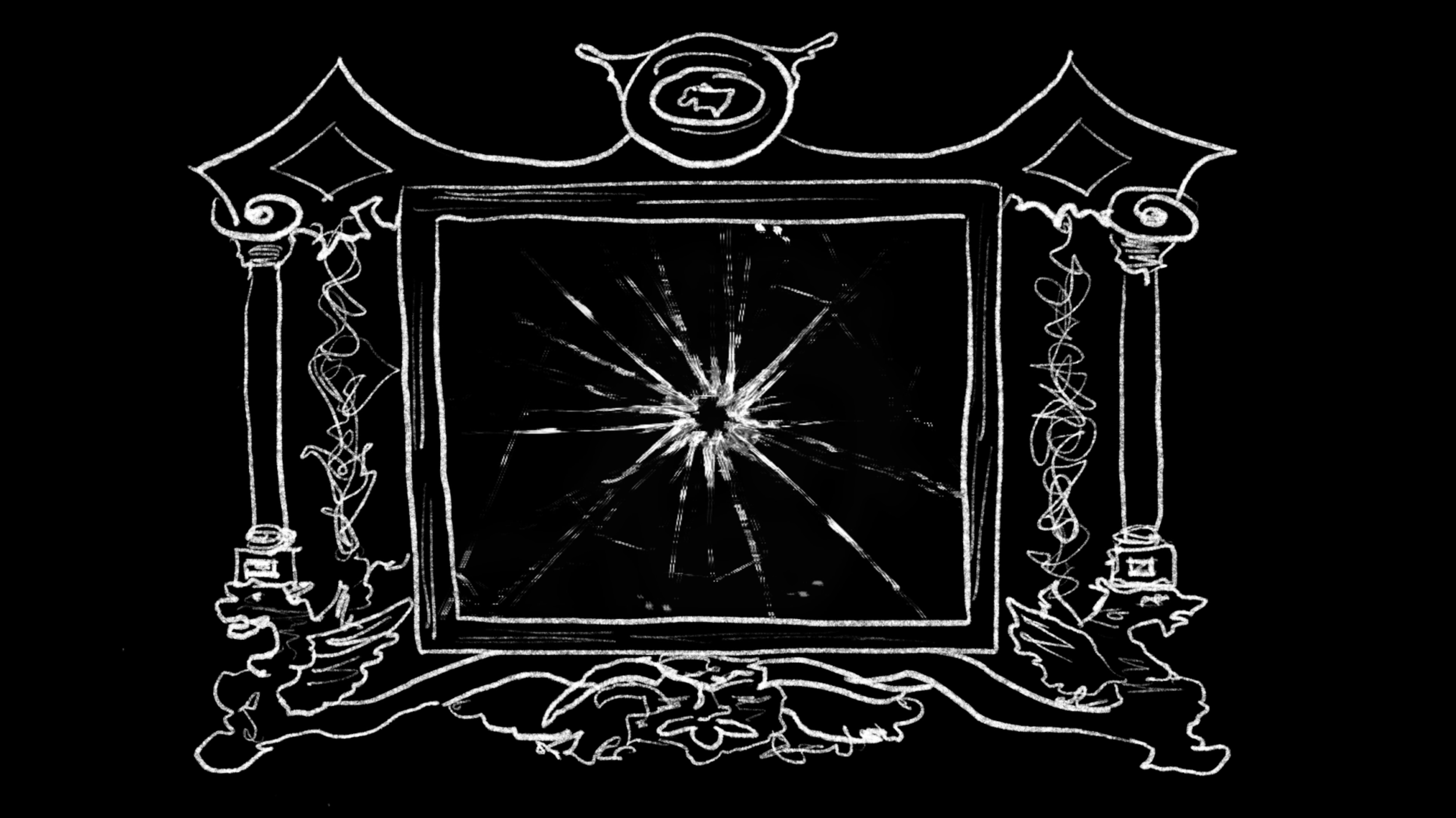 A white outline drawing of a broken glass mirror framed with ornate decorations, with a crack radiating from the center on a black background.