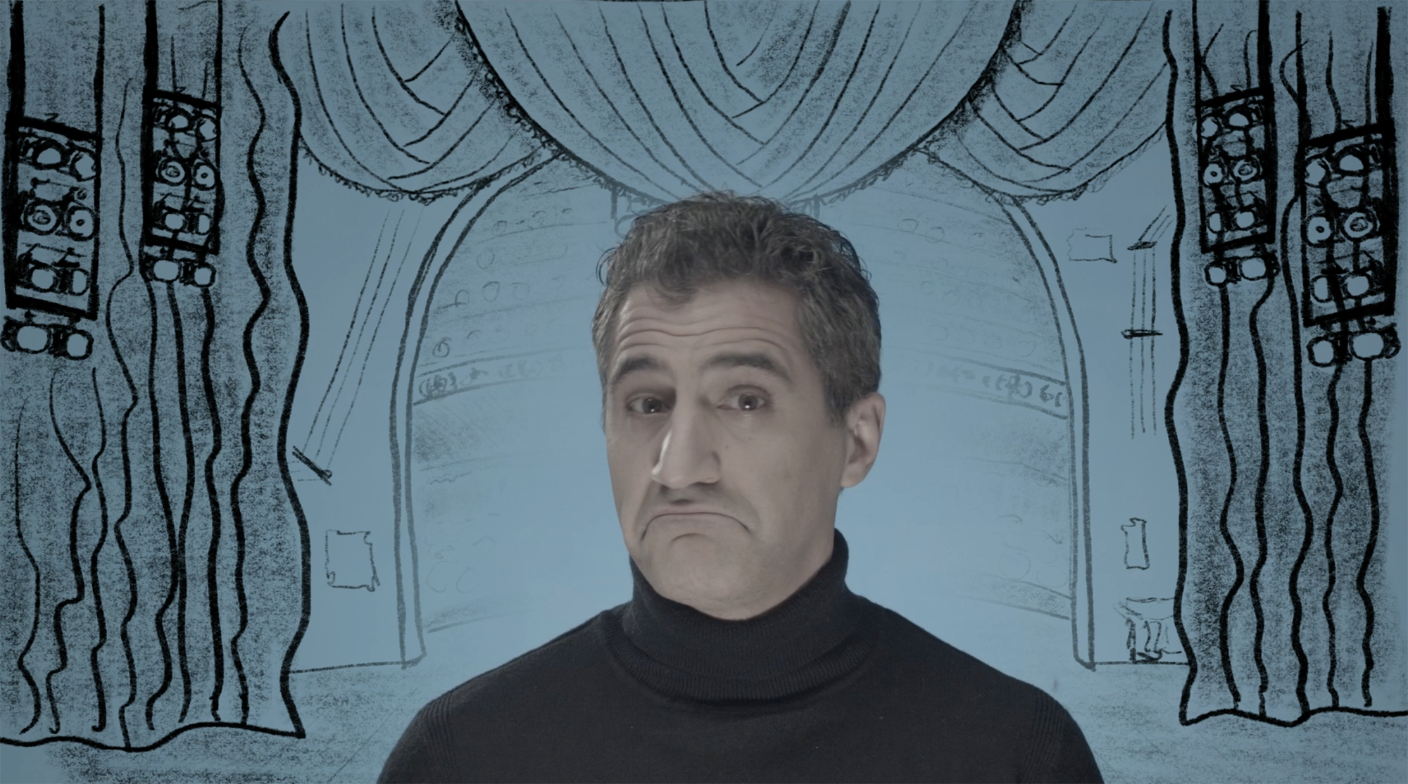 A man with dark hair, wearing a black turtleneck, standing in front of a blue background with a sketched curtain and stage setup. The image has a humorous, exaggerated facial expression.