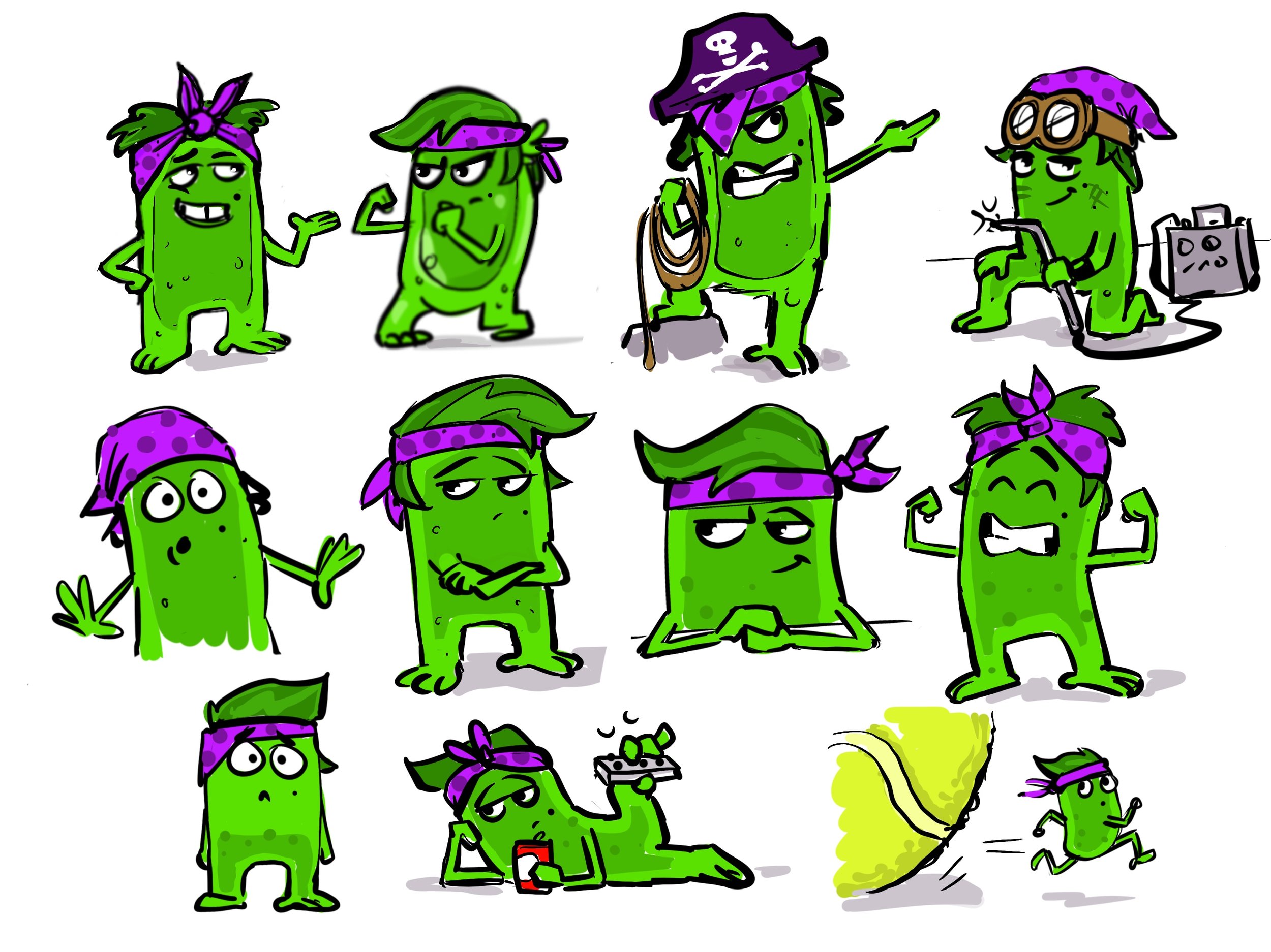 A group of cartoon green cucumbers dressed as pirates, wearing purple bandanas, hats, and goggles, with some holding accessories like a spyglass, a treasure map, and a flashlight.
