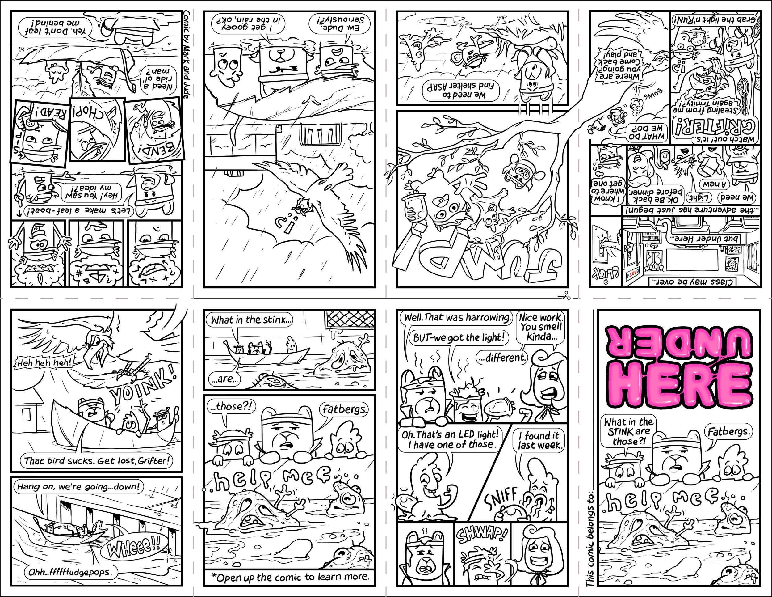 Black and white comic strip with various characters, animals, and humorous dialogue.