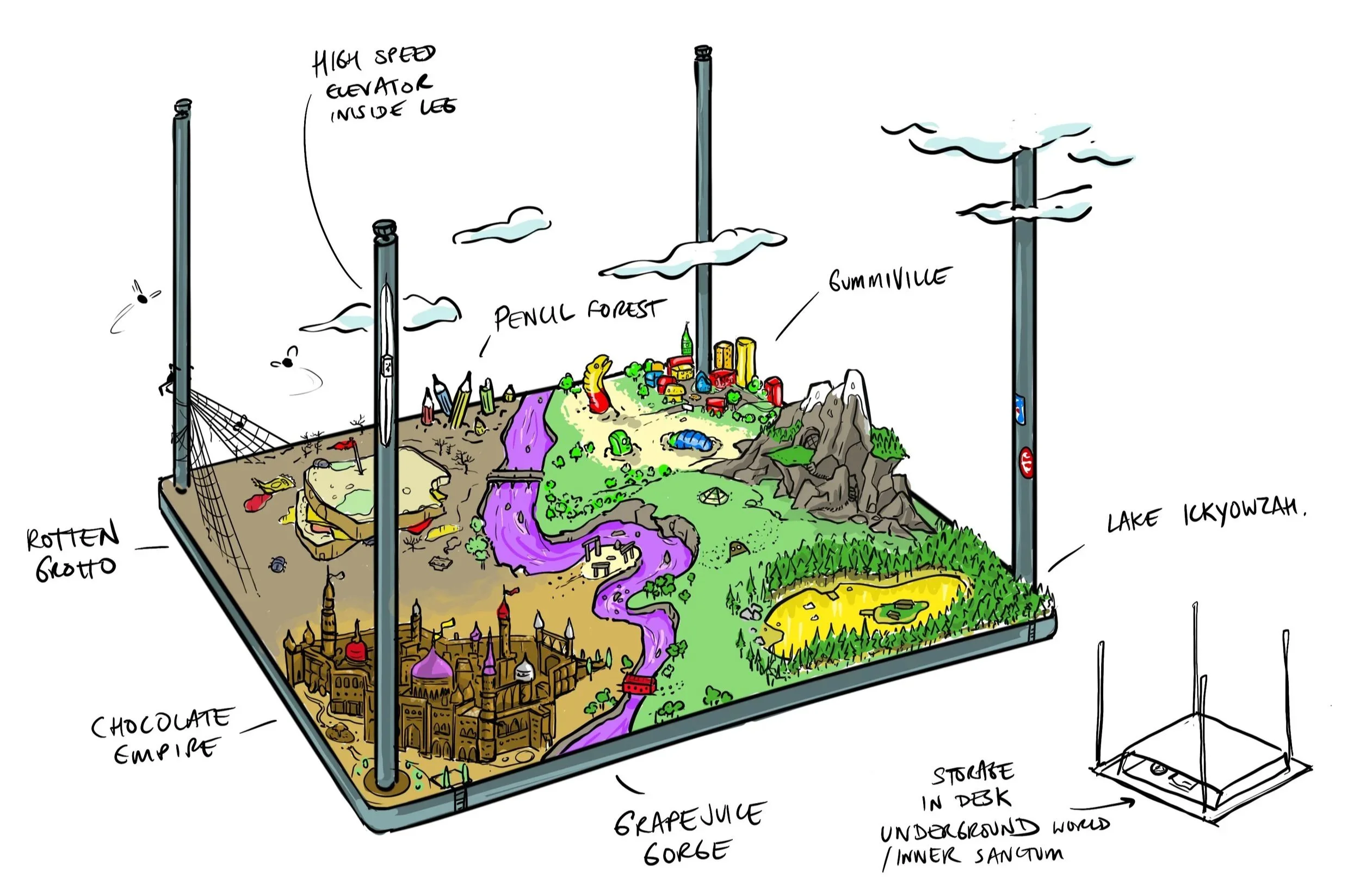 A detailed, colorful diagram of a fantastical landscape divided into distinct regions, including a chocolate empire, a rainbow waterfall leading to Grapevine Gorge, a mountain area called Gummiville, and a lake named Ickyowzah. The diagram includes various labeled features like high-speed elevators, underground worlds, and storage desks.