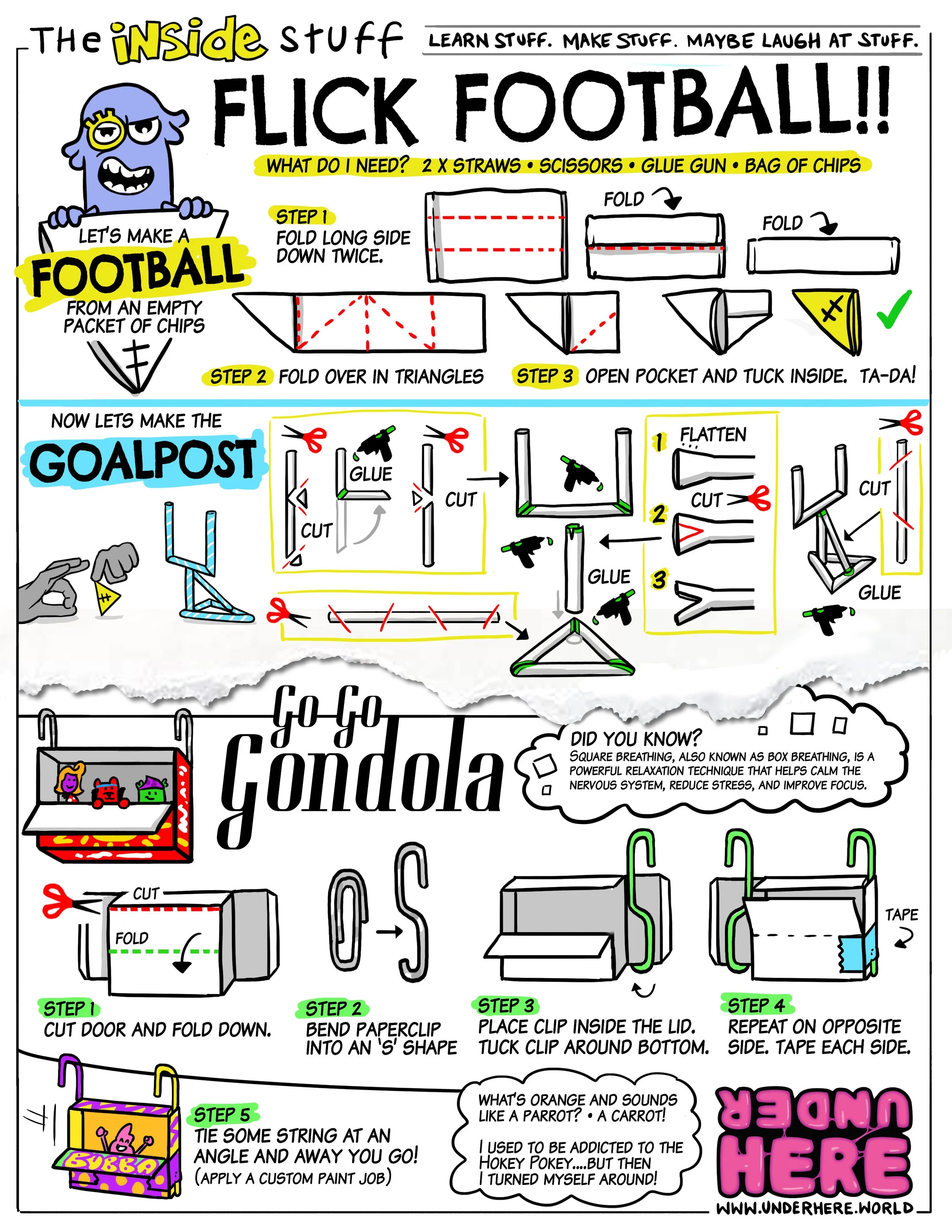 A colorful illustrated guide to making a football from an empty chip packet, with steps for folding and taping paper, and instructions for creating a goalpost. There are additional craft instructions for making a condola toy and a string instrument, with playful cartoon characters and a website link.