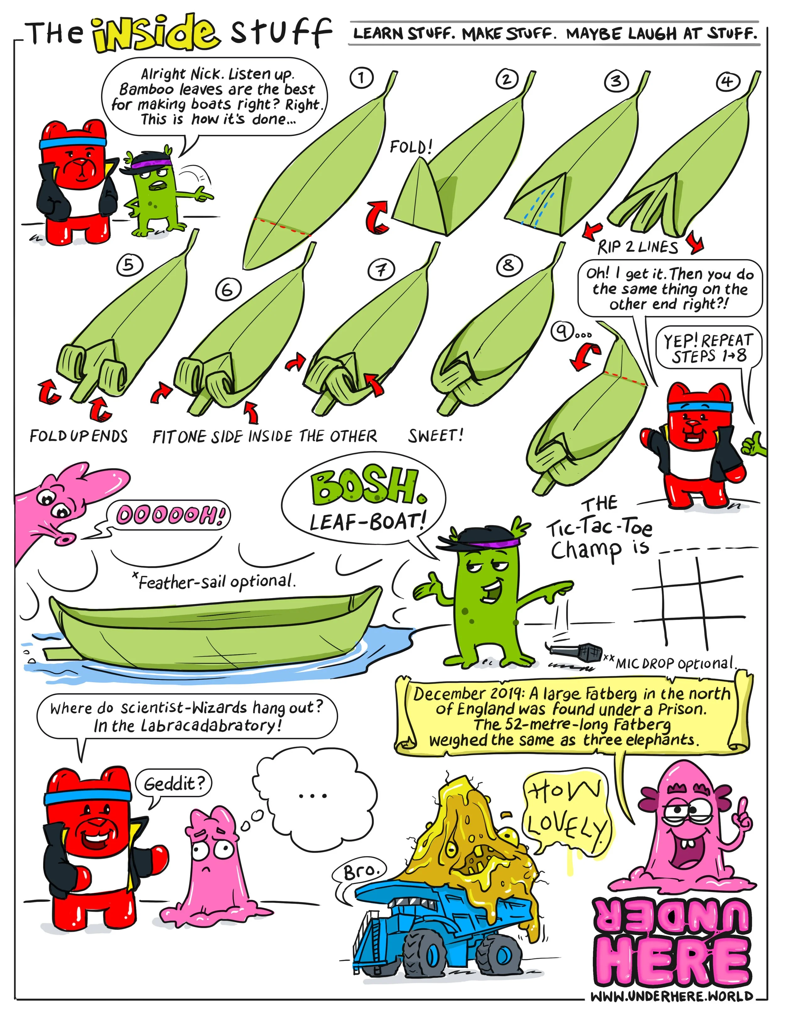 A colorful comic strip explains how to make a paper boat from bamboo leaves through a series of steps. It features two cartoon characters, a red bear and a pink creature, discussing the process. The strip includes illustrations of folded bamboo leaves, a paper boat on water, and a large dump truck loaded with a mountain of yellowish material. The comic also contains humorous commentary and historical facts about a large fossil found in England.