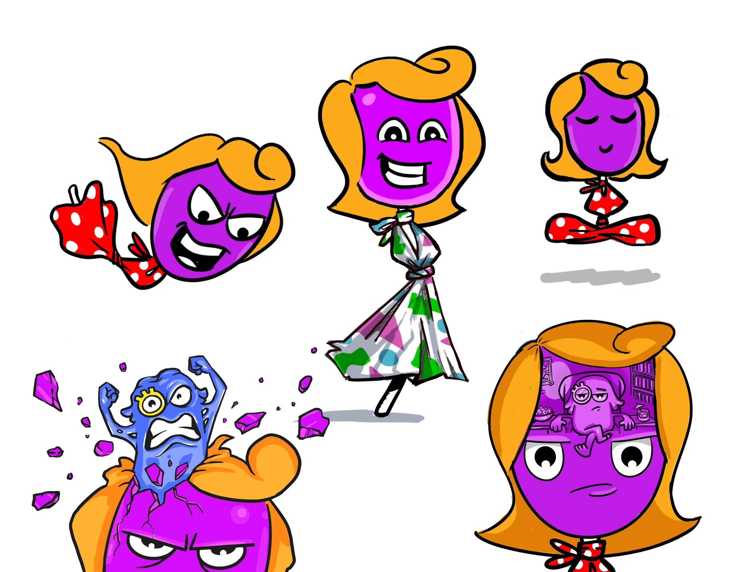Collection of colorful cartoon characters with purple faces and orange hair, expressing various emotions and actions, against a white background.
