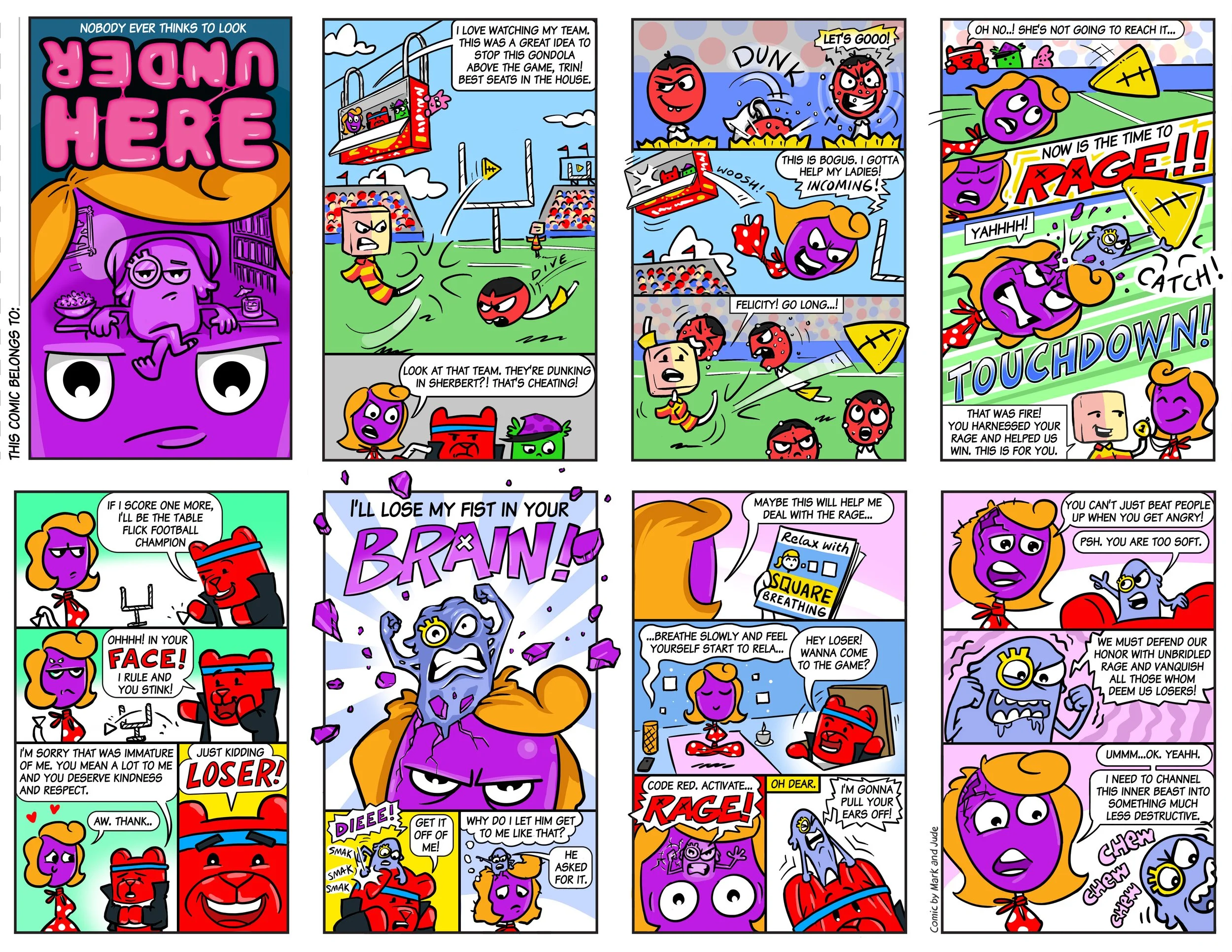 A colorful comic strip titled 'Nobody ever thinks to look under here' depicts a humorous baseball game. The characters are sports fans with exaggerated expressions, engaging in playful antics like diving and rushing. The comic includes multiple speech bubbles with playful banter, exaggerated emotions, and action words like 'RAGE!', 'TOUCHDOWN!', and 'CRASH!'. The style is cartoonish with bold outlines and bright colors.