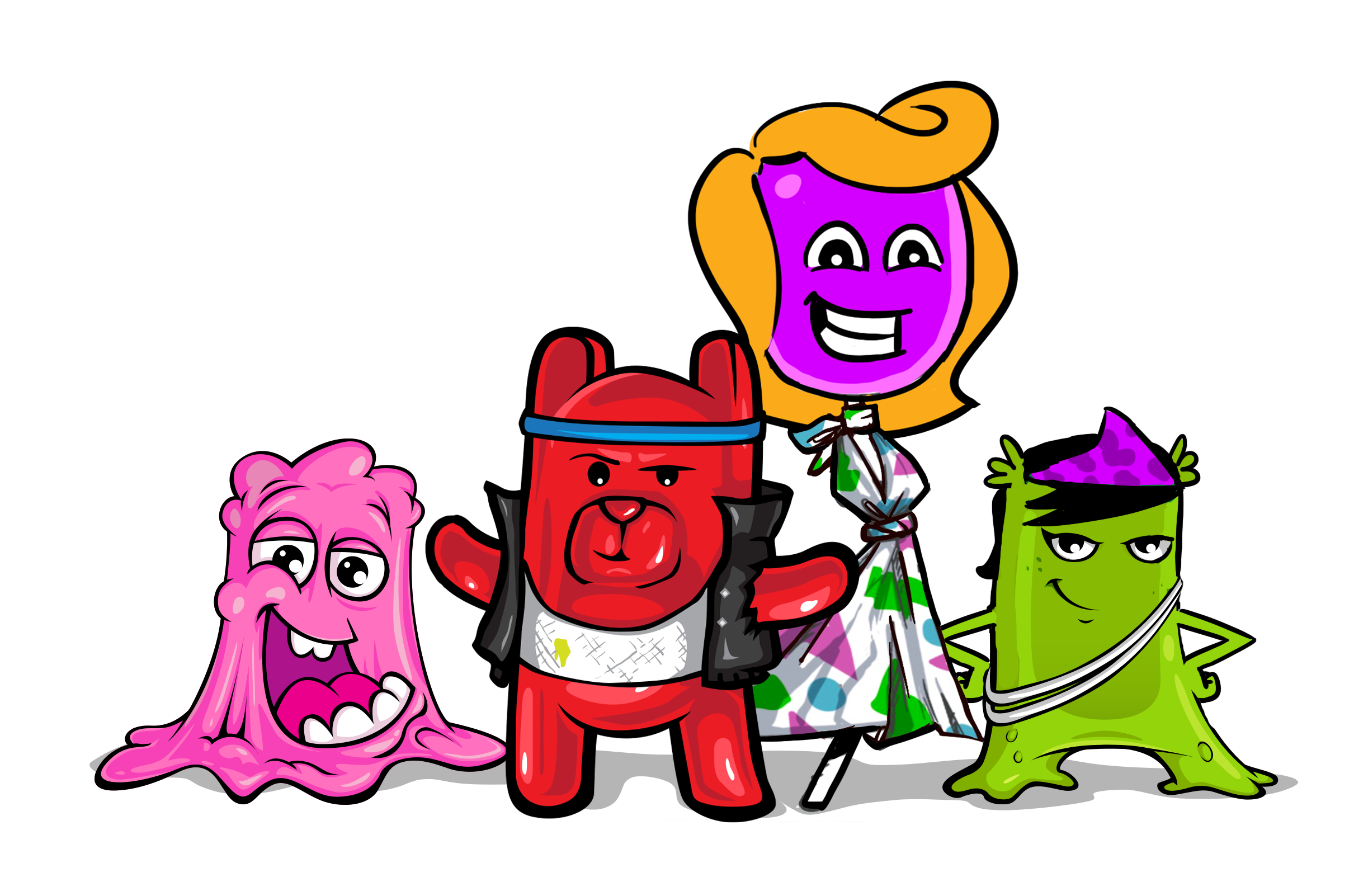 A group of five colorful cartoon monsters standing together against a black background.