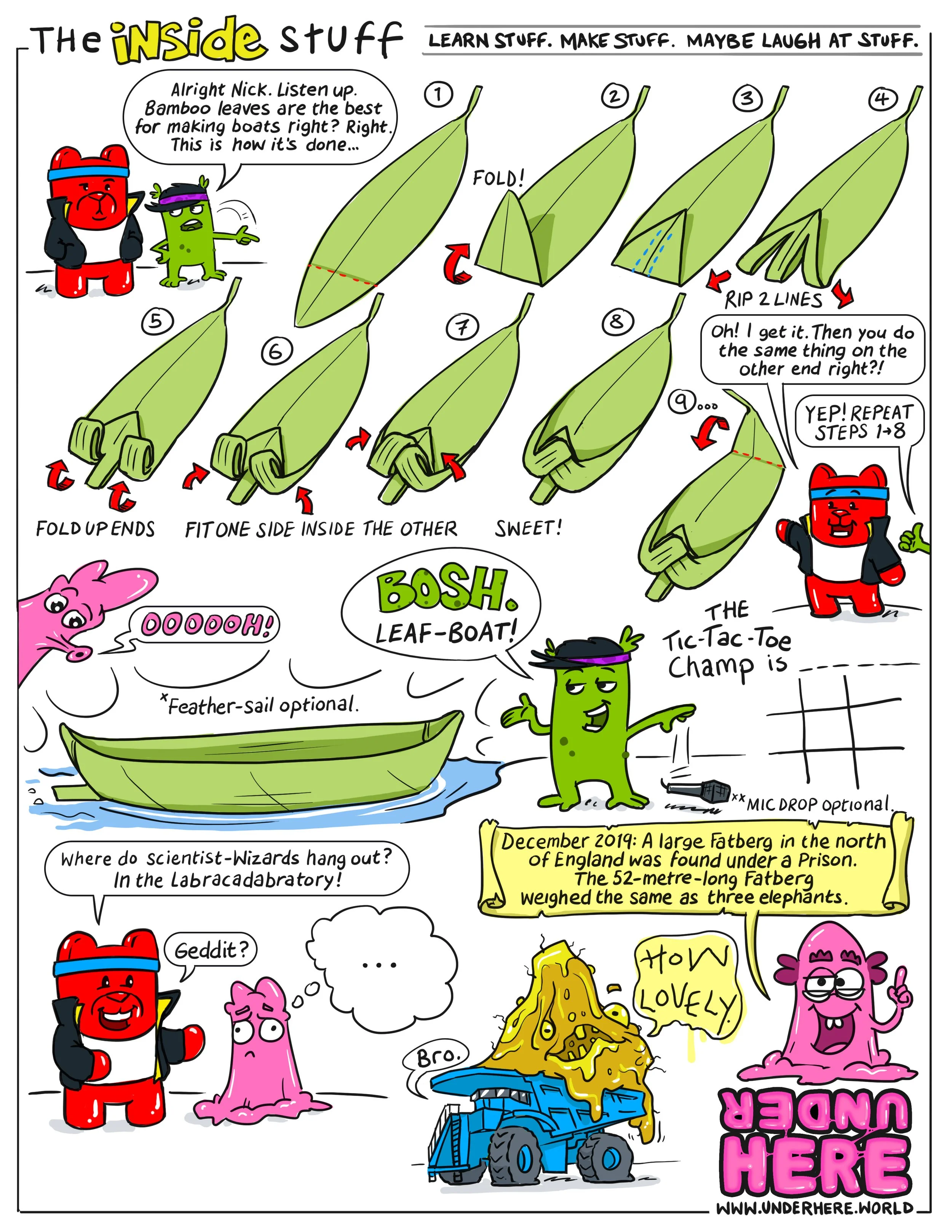 A comic-style illustration demonstrating how to fold bamboo leaves into a boat shape using a step-by-step paper folding method. Two cartoon characters, a red one and a green one, are explaining the process; the red character is also seen on the right side. The instructions include folding, ripping lines, and repeating steps, with humorous comments and a background scene of a boat and a large mud-covered animal, as well as a humorous fact about a large fat bear found under a prison in England.