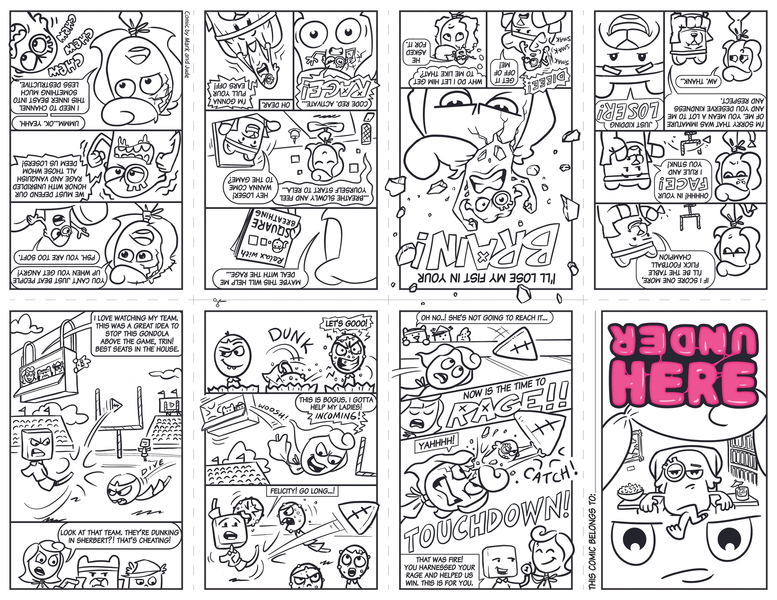 A black-and-white comic strip featuring characters playing soccer, with some characters celebrating and others showing disappointment. The comic includes humorous dialogue and actions related to a soccer game and celebration.
