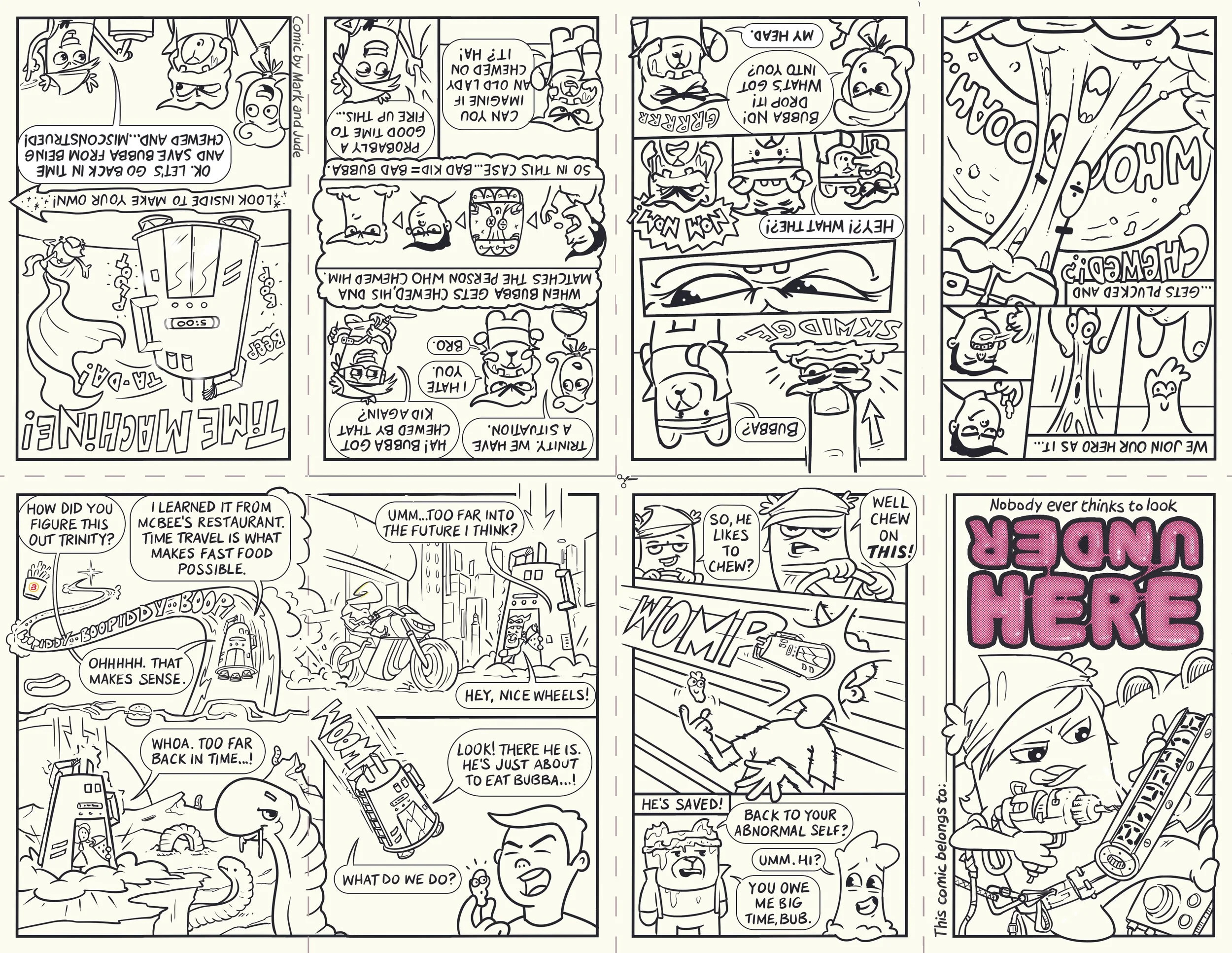 A black and white comic strip featuring various characters and scenes, including a robot, animals, and humans, with dialogue bubbles and playful, cartoonish artwork.