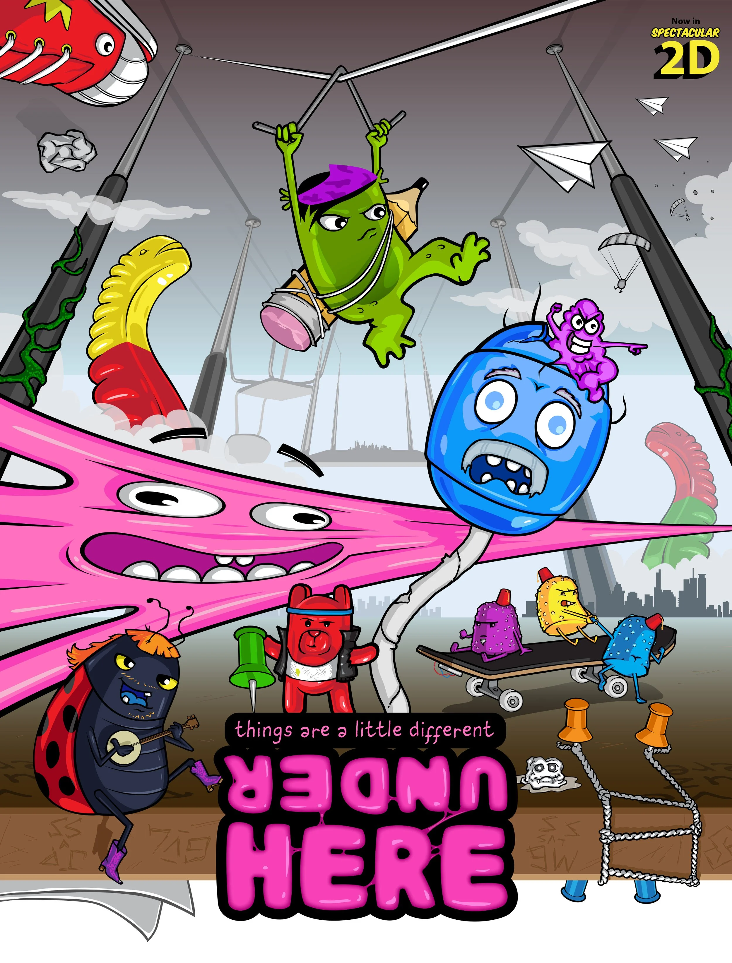 A colorful cartoon illustration of various anthropomorphic characters and objects with playful and humorous expressions. Some characters resemble animals and food, including a ladybug playing a banjo, a blue ball with eyes, a purple creature pointing, and a red character with a megaphone. The scene includes whimsical elements like paper airplanes, rocks, and a city skyline in the background, with the text 'things are a little different' and 'UPPER HERE' in bold pink letters.