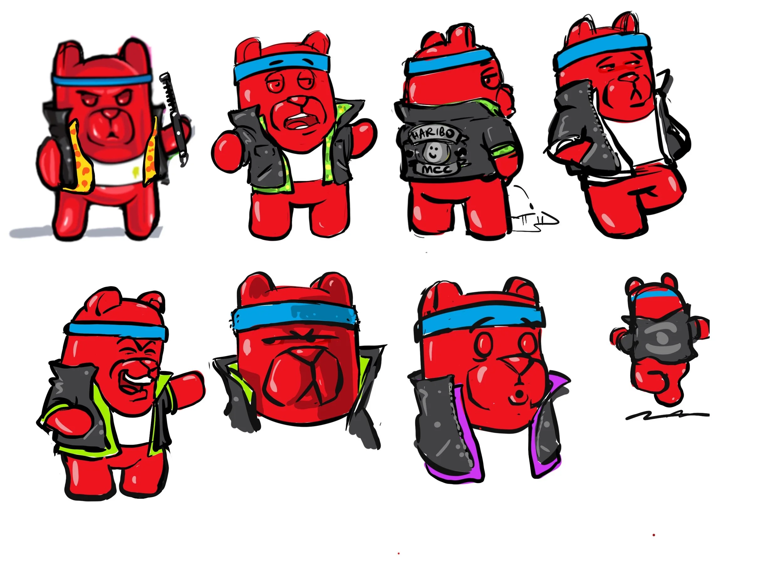 Illustration of red cartoon dogs with various outfits and accessories, some wearing vests with patches and headbands, others with backpacks, depicted in different poses and expressions.