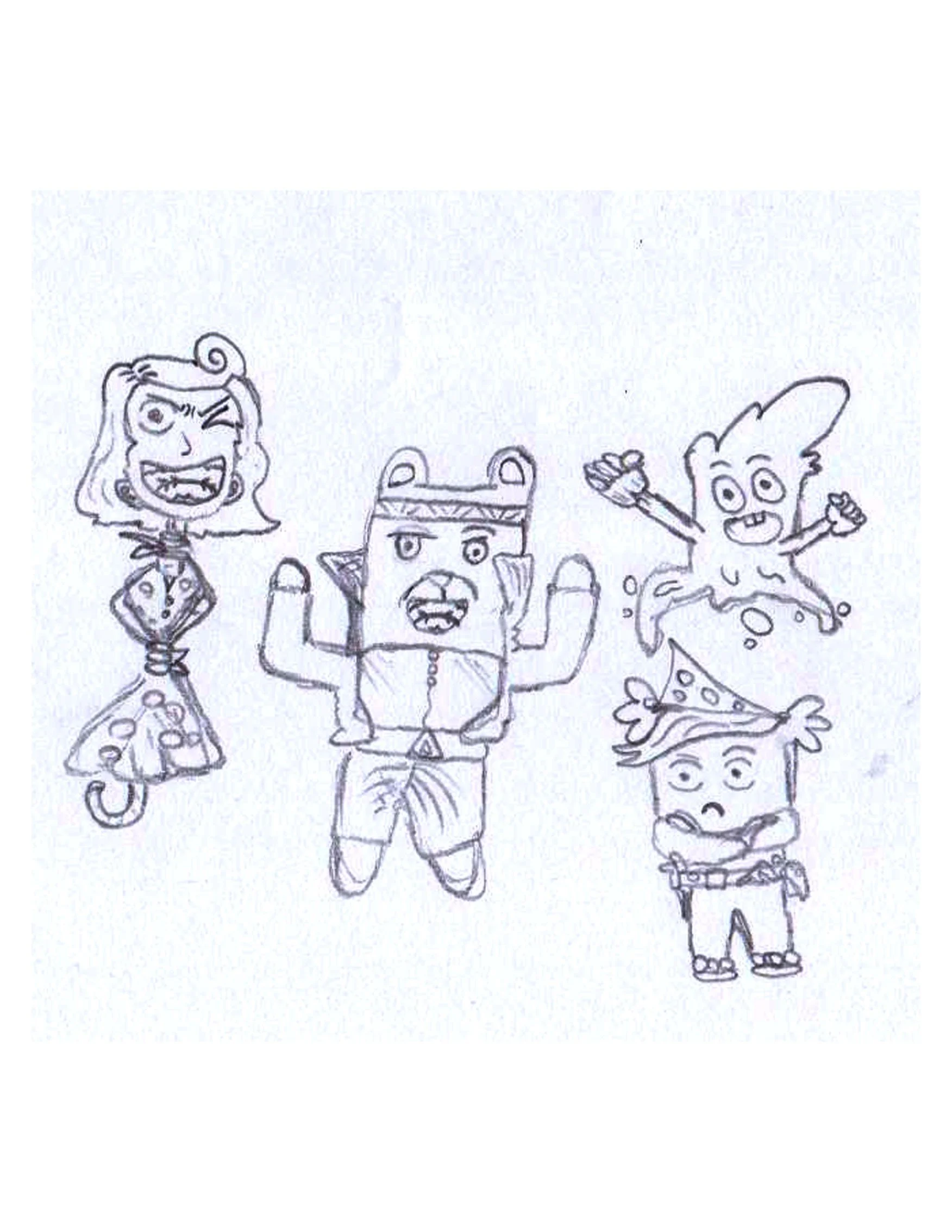 A black-and-white sketch of four cartoon characters: a girl with curly hair and a bandana, a bear with a striped shirt, a dragon with wings and a tail, and a man with glasses and a mustache, standing together and smiling.