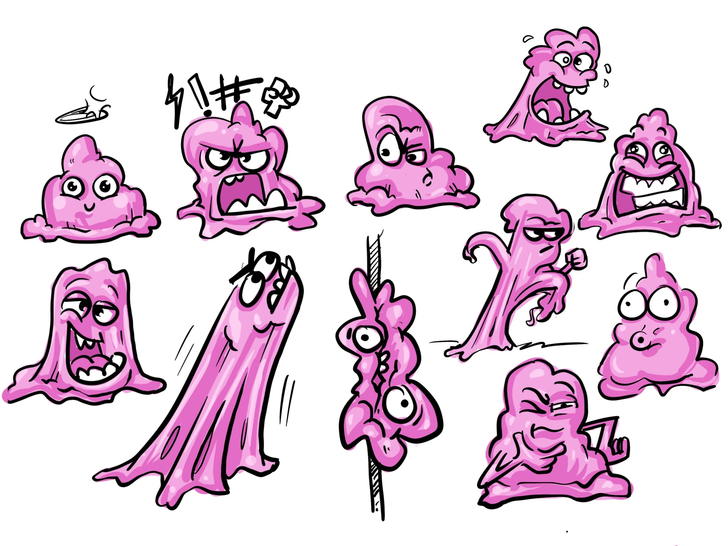 A collection of pink cartoon blobs with various facial expressions, some angry, silly, or distressed, drawn in a humorous style.