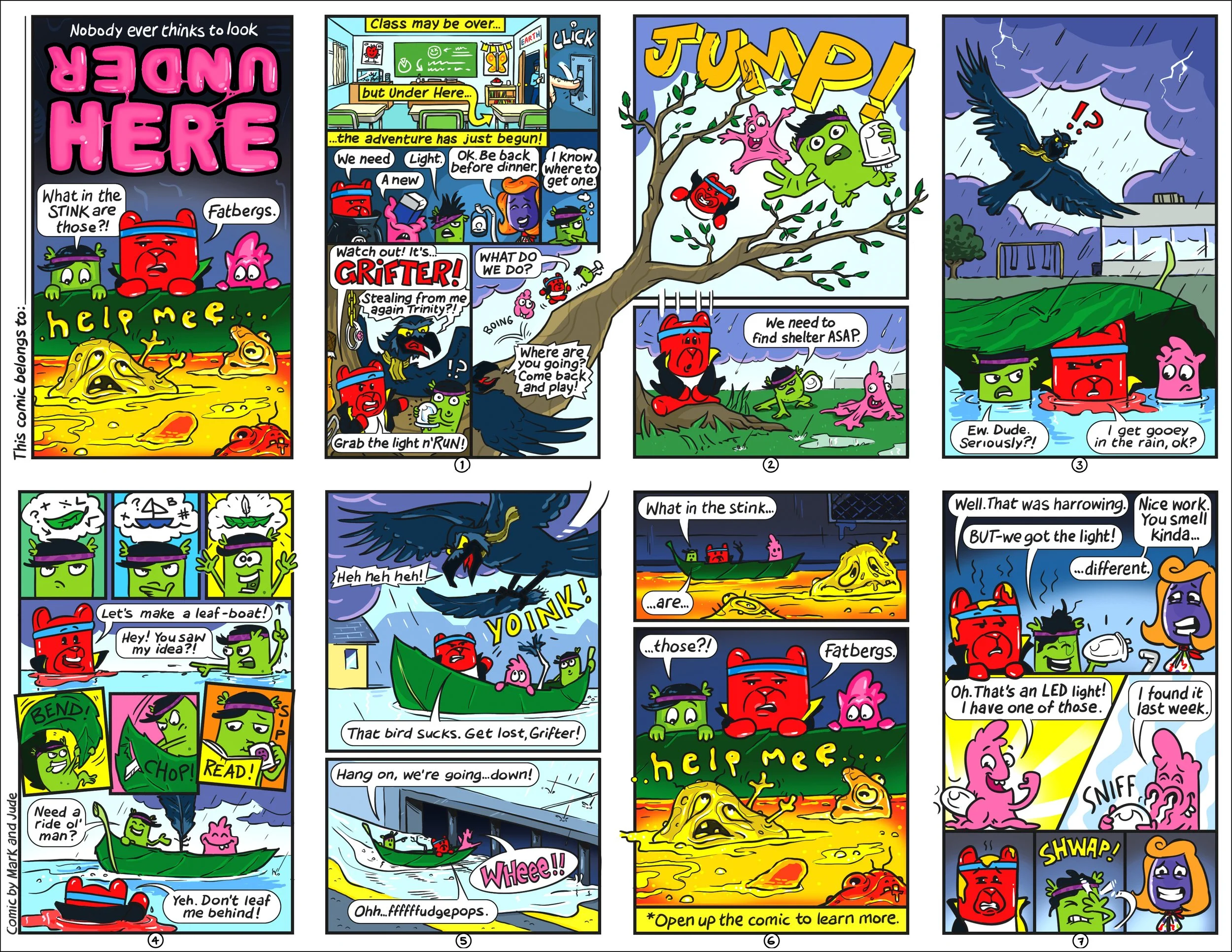 A comic strip featuring colorful characters, including an alien and a monster, in various adventurous and humorous scenes. The strip includes scenes of characters in a classroom, in a boat, and involved in a storm, with speech bubbles and sound effects.