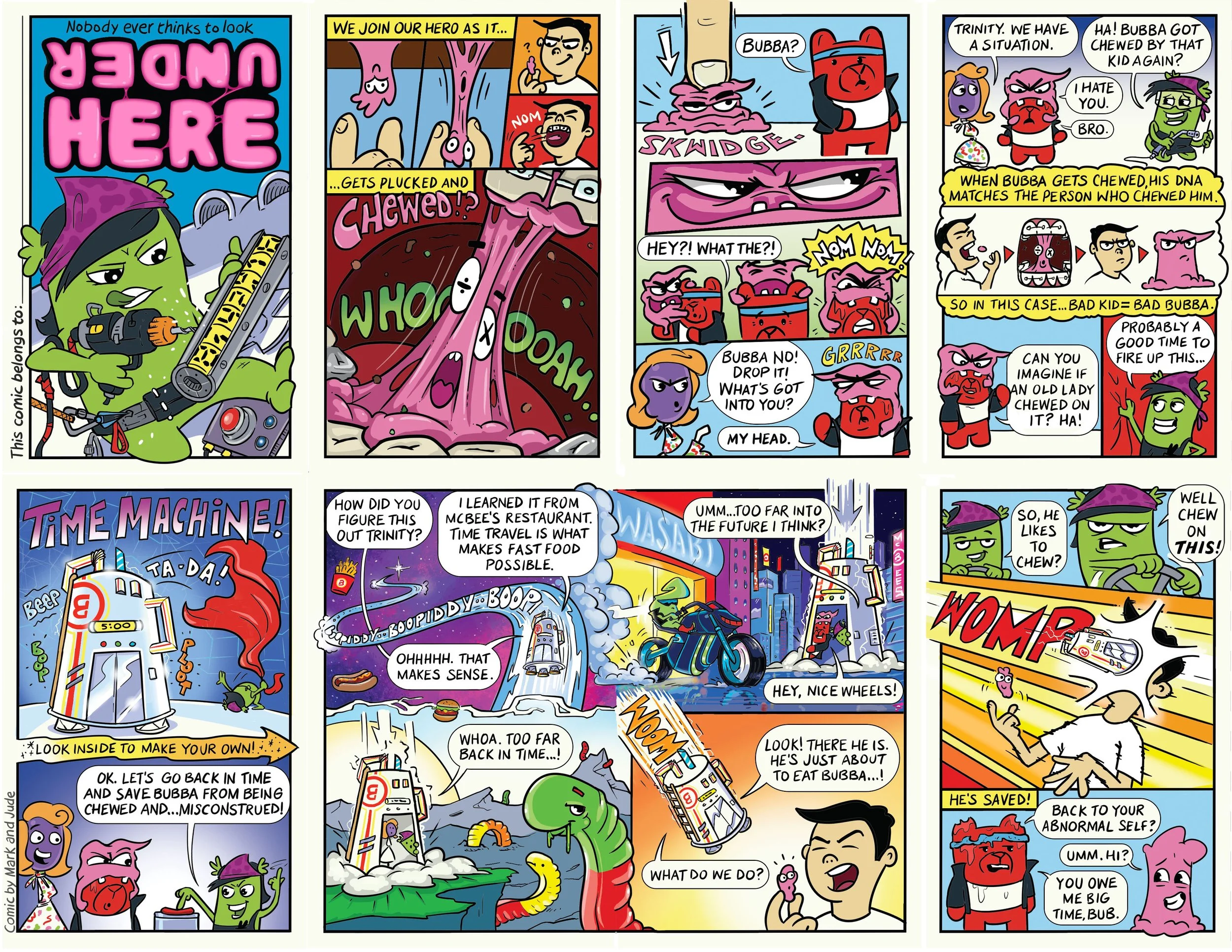 Comic strip featuring characters from 'Trinity' and 'Bubba.' The story involves time travel, with a time machine and various characters reacting to being transported to the future and back to the past. The comic includes dialogue about Chewbacca's DNA and a humorous scene with Bubba being chewed on and saved by a time-travel device.