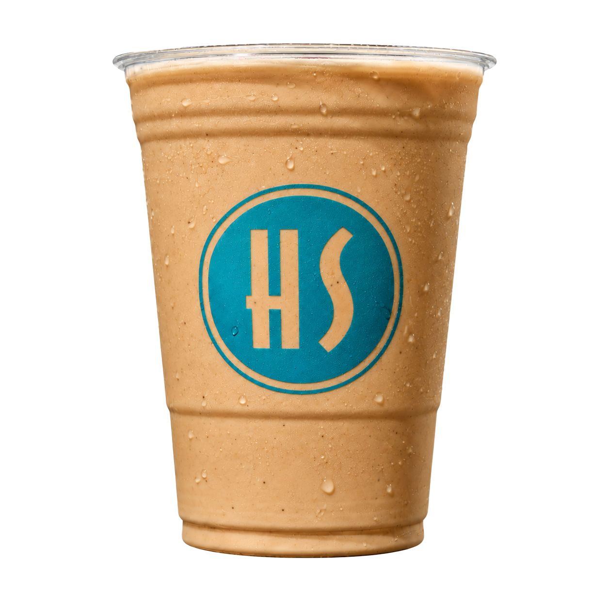 A large caramel-flavored frappuccino topped with whipped cream and caramel bits, served in a clear plastic cup with a blue and white logo.