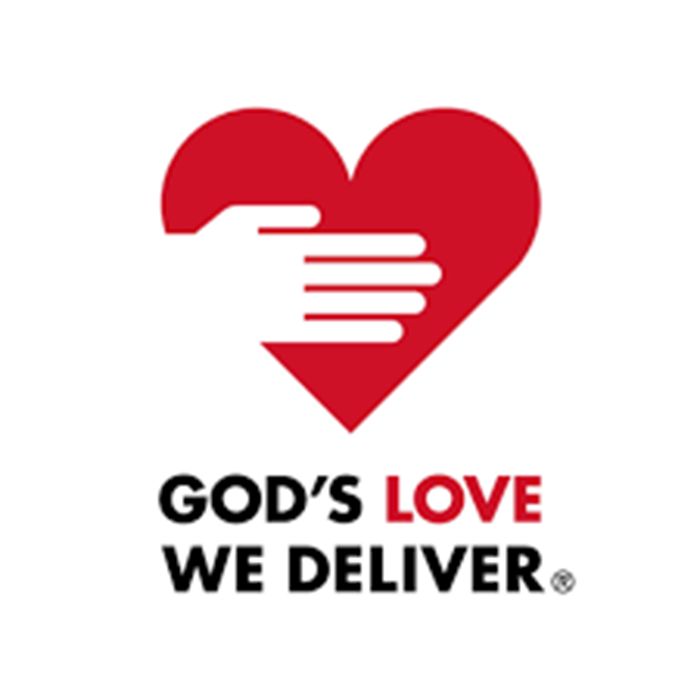 A red heart with a white hand gripping it, and the text 'GOD'S LOVE WE DELIVER' beneath it, with 'LOVE' in red and the rest in black.