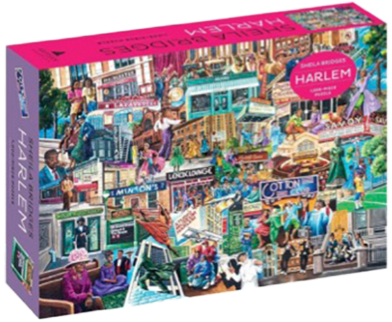 Harlem-themed jigsaw puzzle box featuring colorful illustrations of Harlem landmarks, street scenes, and cultural elements.